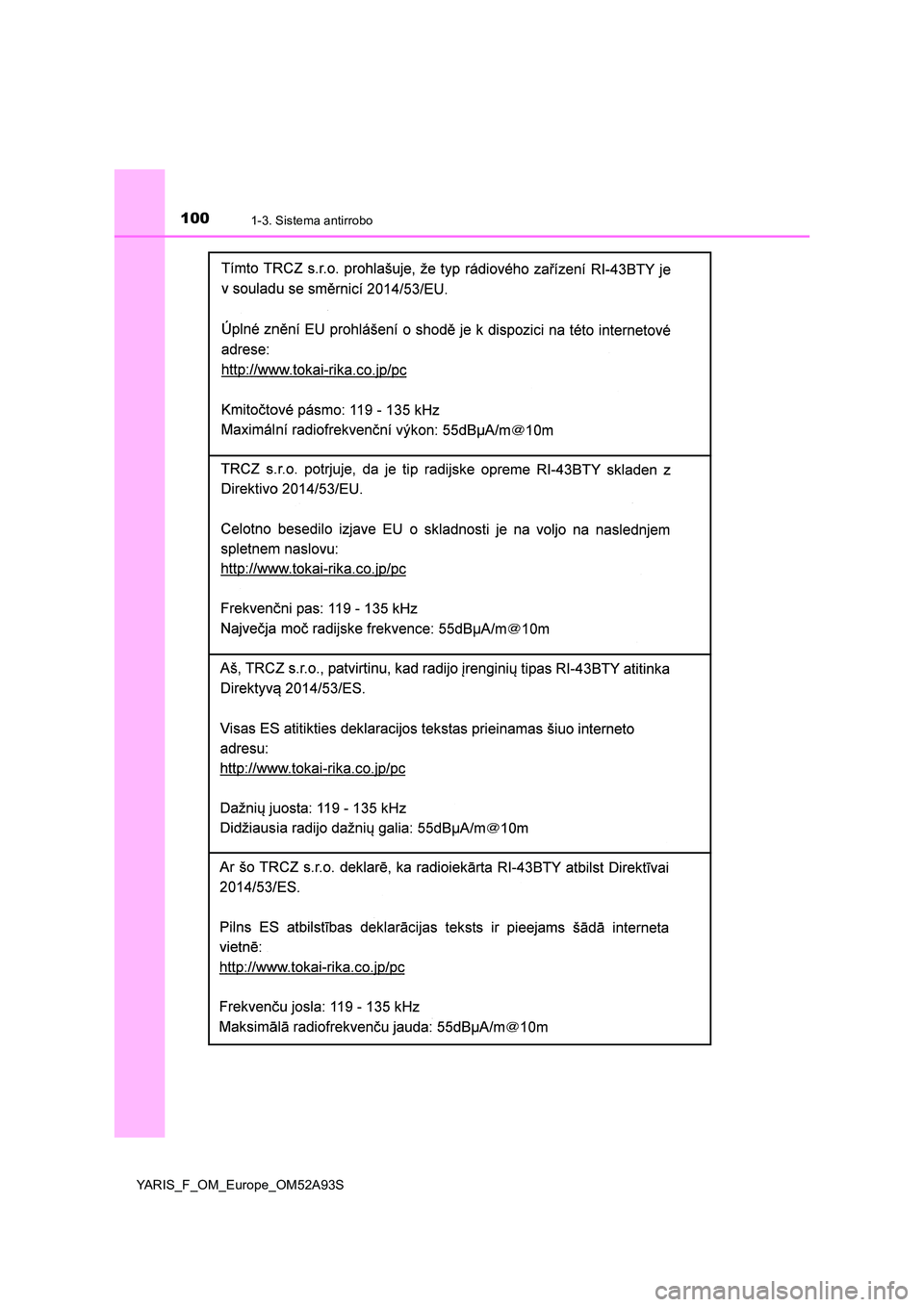 TOYOTA YARIS HATCHBACK 2019 Manual del propietario (in Spanish) 1001-3. Sistema antirrobo
YARIS_F_OM_Europe_OM52A93S TOYOTA YARIS HATCHBACK 2019 Manual del propietario (in Spanish) 1001-3. Sistema antirrobo
YARIS_F_OM_Europe_OM52A93S