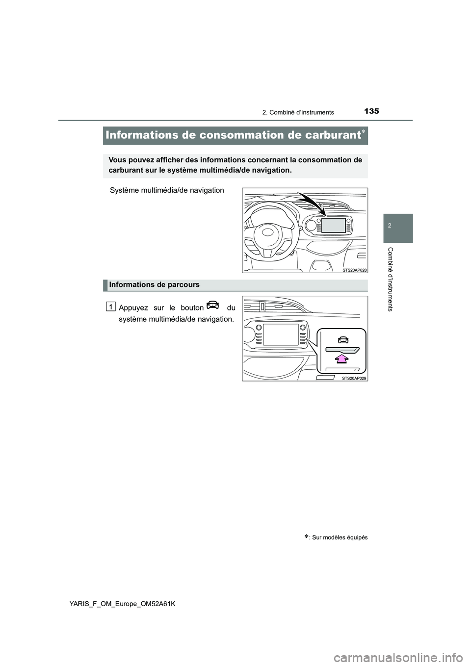 TOYOTA YARIS HATCHBACK 2019 Manuel du propriétaire (in French) 135
2
2. Combiné d’instruments
Combiné d’instruments
YARIS_F_OM_Europe_OM52A61K
Informations de consommation de carburant
Système multimédia/de navigation
Appuyez sur le bouton du
systè TOYOTA YARIS HATCHBACK 2019 Manuel du propriétaire (in French) 135
2
2. Combiné d’instruments
Combiné d’instruments
YARIS_F_OM_Europe_OM52A61K
Informations de consommation de carburant
Système multimédia/de navigation
Appuyez sur le bouton du
systè
