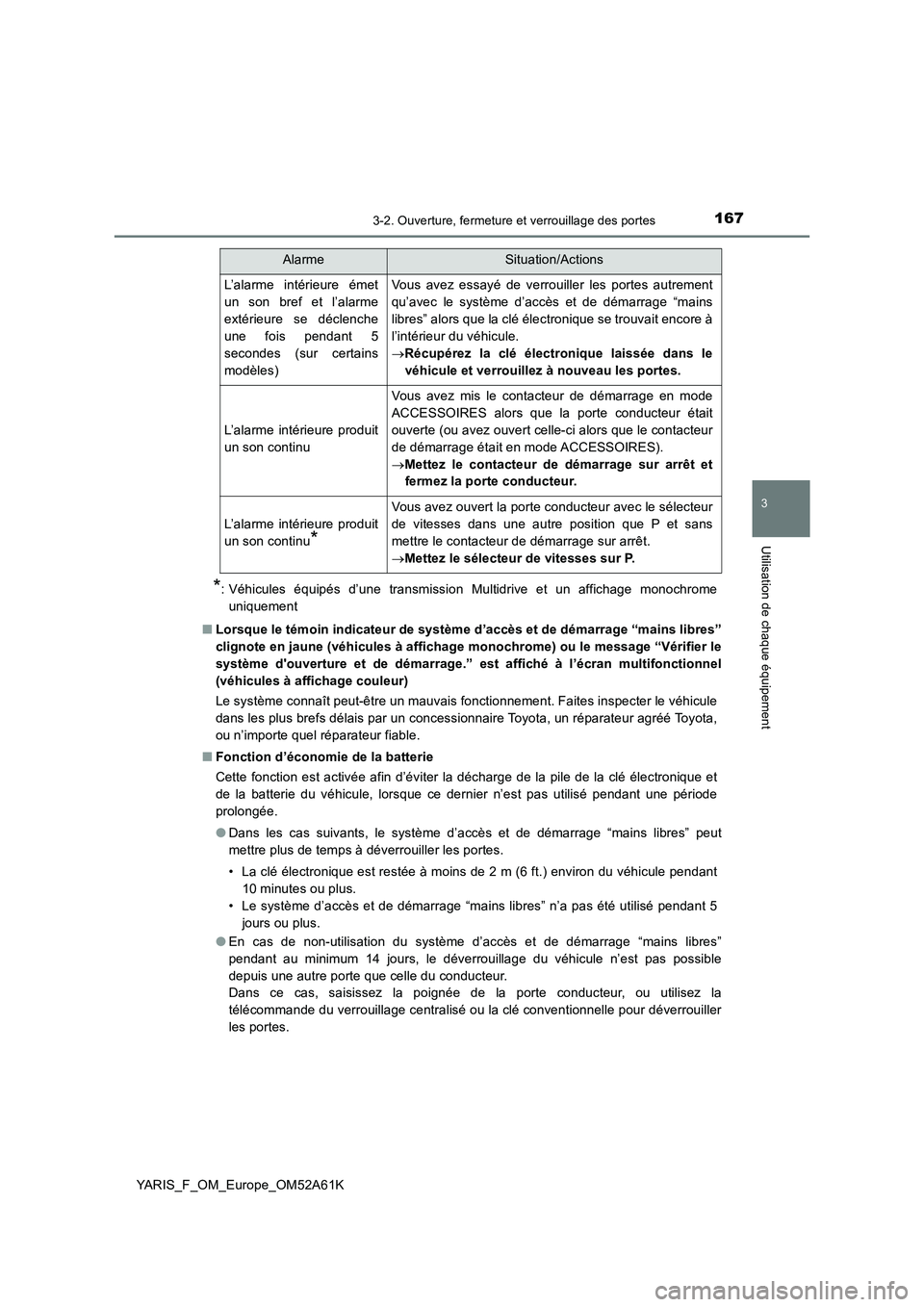 TOYOTA YARIS HATCHBACK 2019 Manuel du propriétaire (in French) 1673-2. Ouverture, fermeture et verrouillage des portes
3
Utilisation de chaque équipement
YARIS_F_OM_Europe_OM52A61K
*: Véhicules équipés d’une transmission Multidrive et un affichage monochrom TOYOTA YARIS HATCHBACK 2019 Manuel du propriétaire (in French) 1673-2. Ouverture, fermeture et verrouillage des portes
3
Utilisation de chaque équipement
YARIS_F_OM_Europe_OM52A61K
*: Véhicules équipés d’une transmission Multidrive et un affichage monochrom
