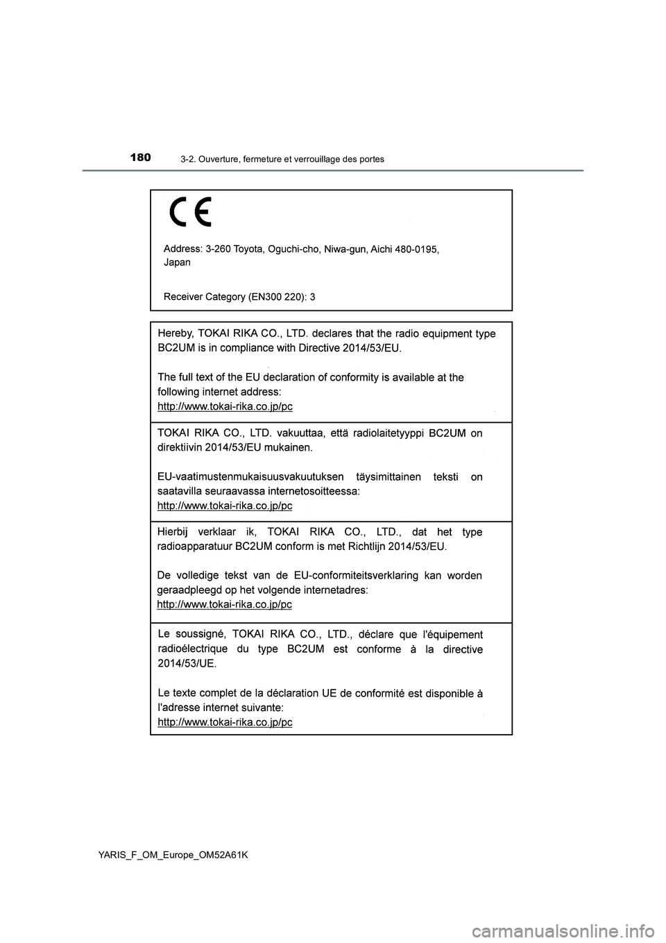 TOYOTA YARIS HATCHBACK 2019  Manuel du propriétaire (in French) 1803-2. Ouverture, fermeture et verrouillage des portes
YARIS_F_OM_Europe_OM52A61K 