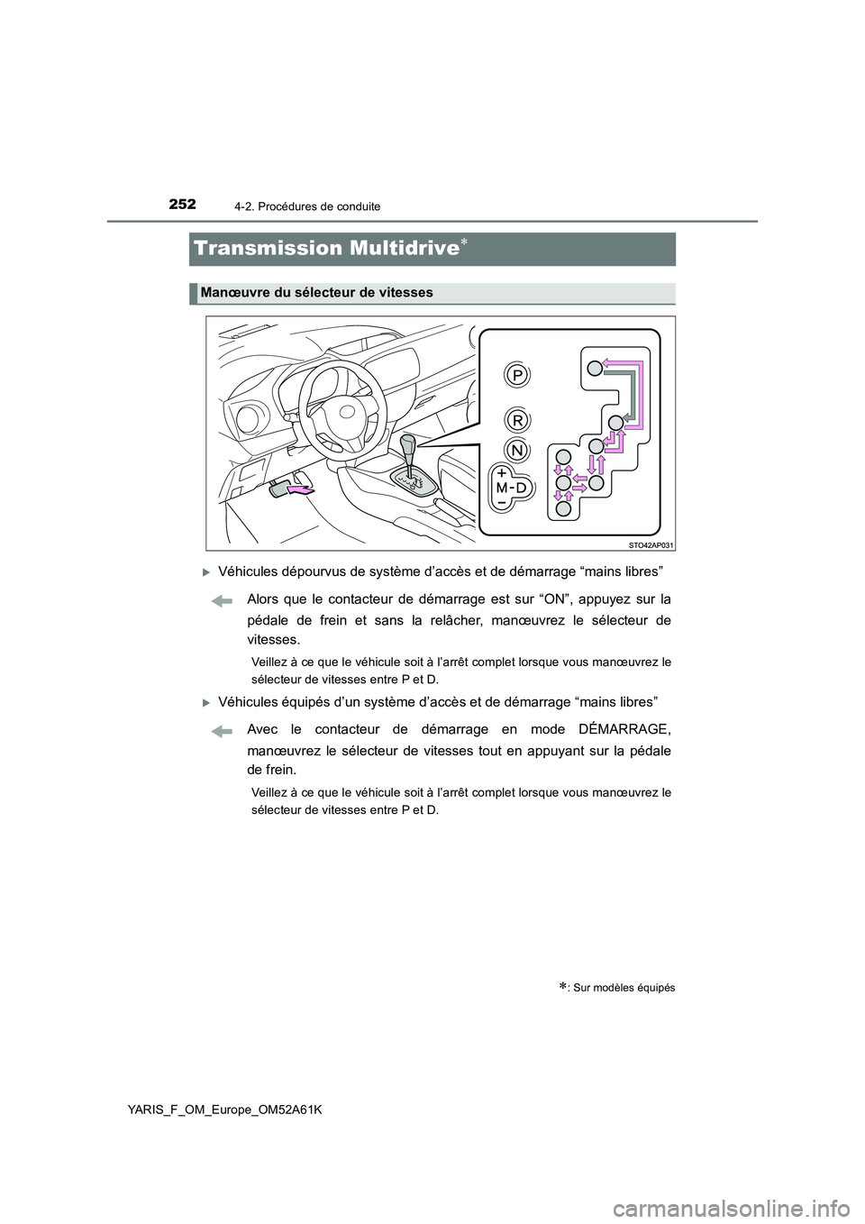 TOYOTA YARIS HATCHBACK 2019 Manuel du propriétaire (in French) 2524-2. Procédures de conduite
YARIS_F_OM_Europe_OM52A61K
Transmission Multidrive
Véhicules dépourvus de système d’accès et de démarrage “mains libres”
Alors que le contacteur de dé TOYOTA YARIS HATCHBACK 2019 Manuel du propriétaire (in French) 2524-2. Procédures de conduite
YARIS_F_OM_Europe_OM52A61K
Transmission Multidrive
Véhicules dépourvus de système d’accès et de démarrage “mains libres”
Alors que le contacteur de dé