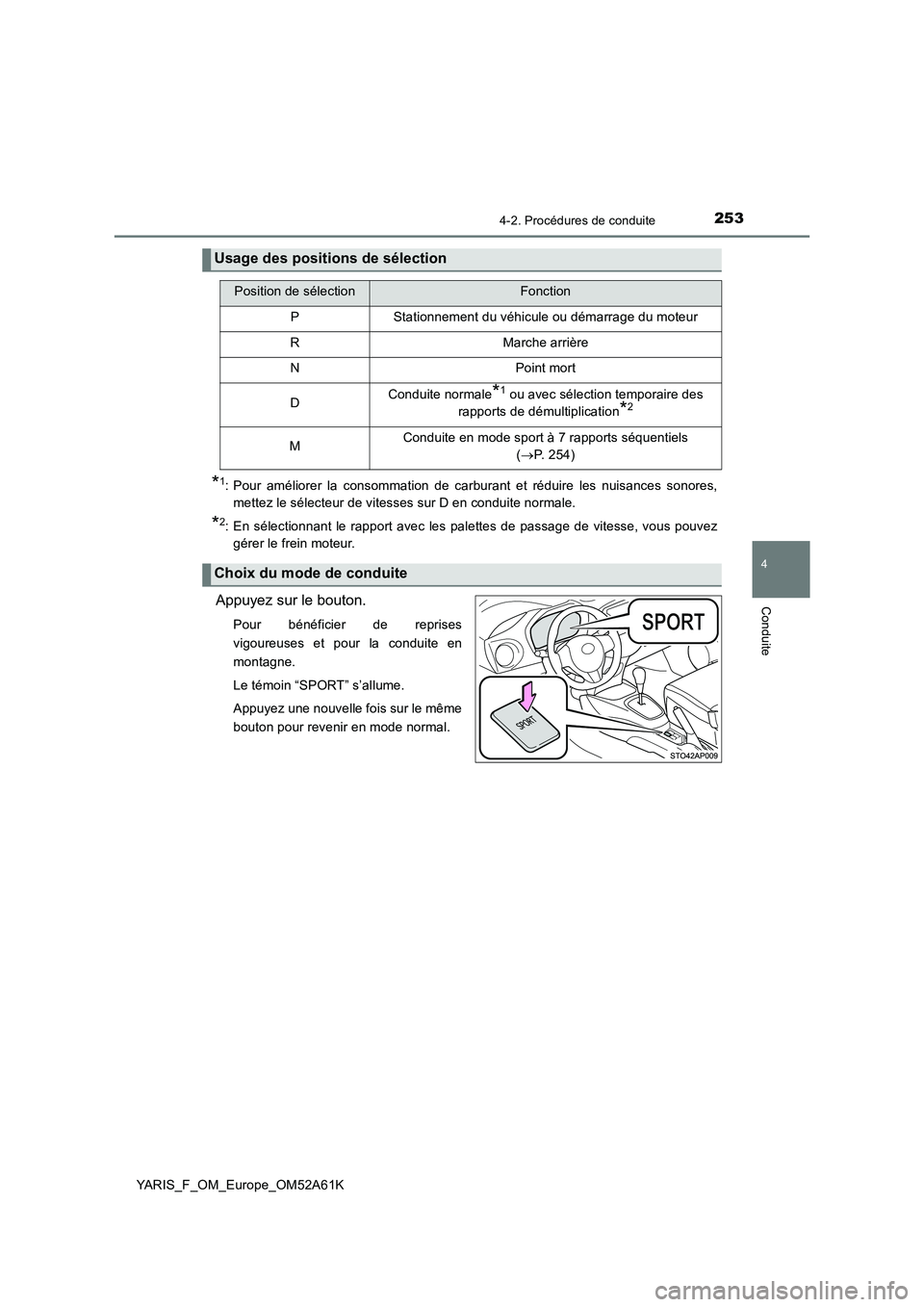TOYOTA YARIS HATCHBACK 2019 Manuel du propriétaire (in French) 2534-2. Procédures de conduite
4
Conduite
YARIS_F_OM_Europe_OM52A61K
*1: Pour améliorer la consommation de carburant et réduire les nuisances sonores,
mettez le sélecteur de vitesses sur D en cond TOYOTA YARIS HATCHBACK 2019 Manuel du propriétaire (in French) 2534-2. Procédures de conduite
4
Conduite
YARIS_F_OM_Europe_OM52A61K
*1: Pour améliorer la consommation de carburant et réduire les nuisances sonores,
mettez le sélecteur de vitesses sur D en cond