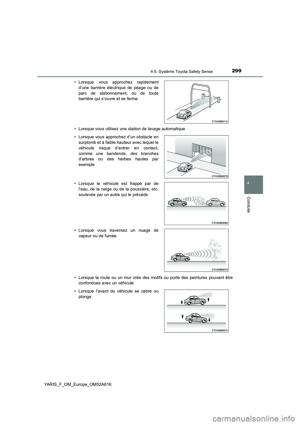 TOYOTA YARIS HATCHBACK 2019 Manuel du propriétaire (in French) 2994-5. Système Toyota Safety Sense
4
Conduite
YARIS_F_OM_Europe_OM52A61K
• Lorsque vous utilisez une station de lavage automatique
• Lorsque la route ou un mur crée des motifs ou porte des pe TOYOTA YARIS HATCHBACK 2019 Manuel du propriétaire (in French) 2994-5. Système Toyota Safety Sense
4
Conduite
YARIS_F_OM_Europe_OM52A61K
• Lorsque vous utilisez une station de lavage automatique
• Lorsque la route ou un mur crée des motifs ou porte des pe