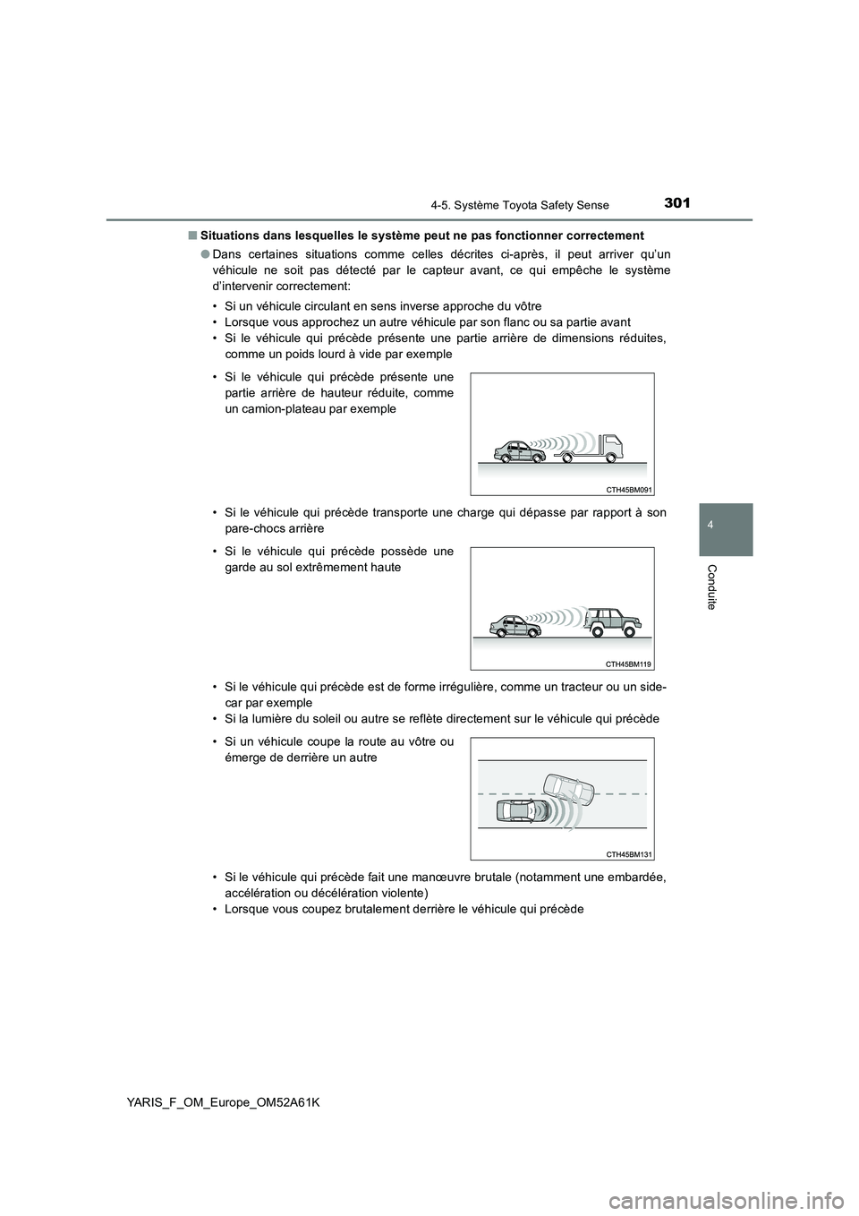 TOYOTA YARIS HATCHBACK 2019 Manuel du propriétaire (in French) 3014-5. Système Toyota Safety Sense
4
Conduite
YARIS_F_OM_Europe_OM52A61K
■ Situations dans lesquelles le système peut ne pas fonctionner correctement
● Dans certaines situations comme celles TOYOTA YARIS HATCHBACK 2019 Manuel du propriétaire (in French) 3014-5. Système Toyota Safety Sense
4
Conduite
YARIS_F_OM_Europe_OM52A61K
■ Situations dans lesquelles le système peut ne pas fonctionner correctement
● Dans certaines situations comme celles