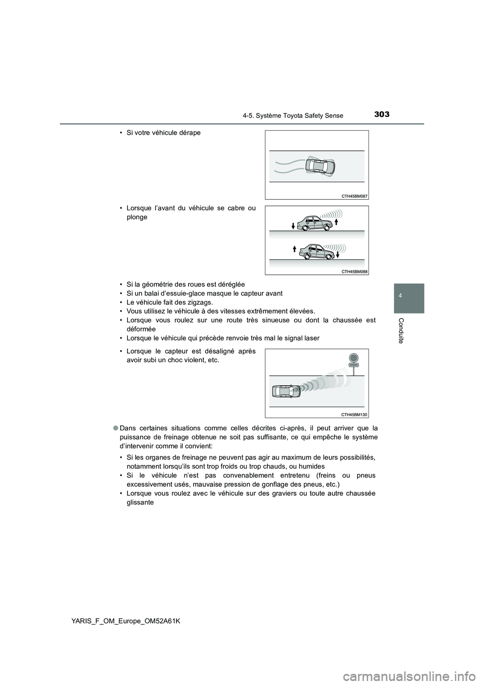 TOYOTA YARIS HATCHBACK 2019 Manuel du propriétaire (in French) 3034-5. Système Toyota Safety Sense
4
Conduite
YARIS_F_OM_Europe_OM52A61K
• Si la géométrie des roues est déréglée
• Si un balai d’essuie-glace masque le capteur avant
• Le véhicule f TOYOTA YARIS HATCHBACK 2019 Manuel du propriétaire (in French) 3034-5. Système Toyota Safety Sense
4
Conduite
YARIS_F_OM_Europe_OM52A61K
• Si la géométrie des roues est déréglée
• Si un balai d’essuie-glace masque le capteur avant
• Le véhicule f