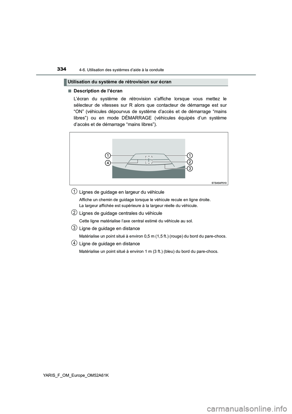 TOYOTA YARIS HATCHBACK 2019 Manuel du propriétaire (in French) 3344-6. Utilisation des systèmes d’aide à la conduite
YARIS_F_OM_Europe_OM52A61K■
Description de l’écran
L’écran du système de rétrovision s’affiche lorsque vous mettez le
sélecteur d TOYOTA YARIS HATCHBACK 2019 Manuel du propriétaire (in French) 3344-6. Utilisation des systèmes d’aide à la conduite
YARIS_F_OM_Europe_OM52A61K■
Description de l’écran
L’écran du système de rétrovision s’affiche lorsque vous mettez le
sélecteur d