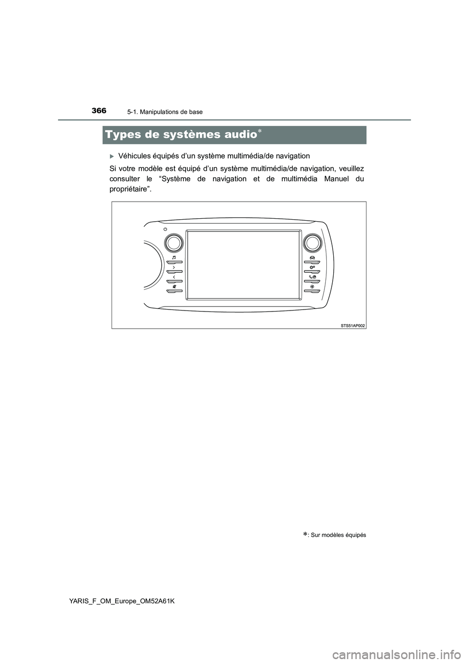 TOYOTA YARIS HATCHBACK 2019 Manuel du propriétaire (in French) 3665-1. Manipulations de base
YARIS_F_OM_Europe_OM52A61K
Types de systèmes audio
Véhicules équipés d’un système multimédia/de navigation
Si votre modèle est équipé d’un systèm e m TOYOTA YARIS HATCHBACK 2019 Manuel du propriétaire (in French) 3665-1. Manipulations de base
YARIS_F_OM_Europe_OM52A61K
Types de systèmes audio
Véhicules équipés d’un système multimédia/de navigation
Si votre modèle est équipé d’un systèm e m