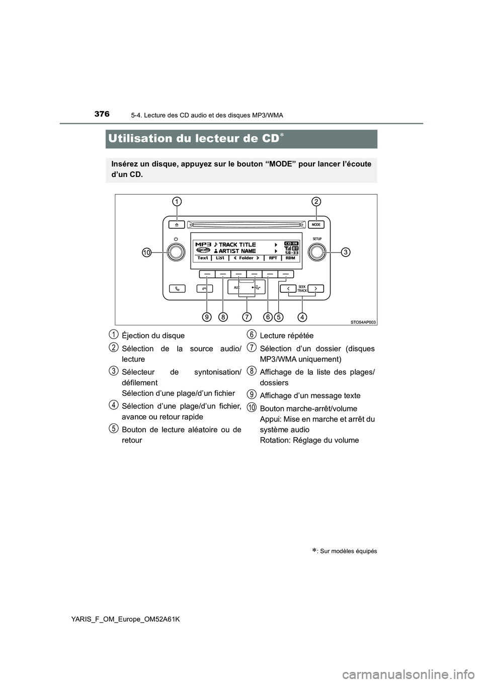 TOYOTA YARIS HATCHBACK 2019 Manuel du propriétaire (in French) 3765-4. Lecture des CD audio et des disques MP3/WMA
YARIS_F_OM_Europe_OM52A61K
Utilisation du lecteur de CD
: Sur modèles équipés
Insérez un disque, appuyez sur le bouton “MODE” pour lan TOYOTA YARIS HATCHBACK 2019 Manuel du propriétaire (in French) 3765-4. Lecture des CD audio et des disques MP3/WMA
YARIS_F_OM_Europe_OM52A61K
Utilisation du lecteur de CD
: Sur modèles équipés
Insérez un disque, appuyez sur le bouton “MODE” pour lan