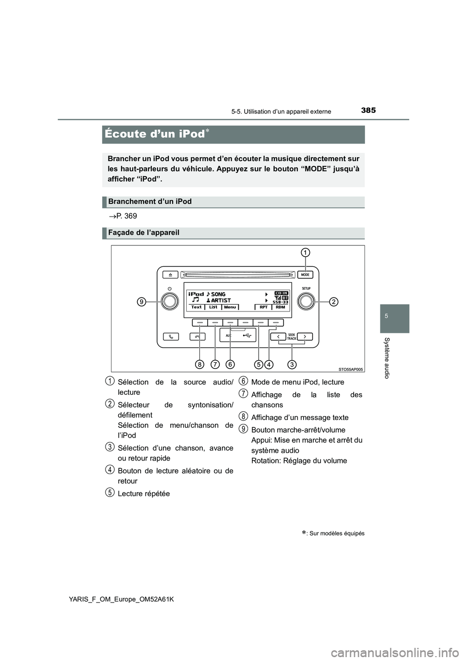 TOYOTA YARIS HATCHBACK 2019 Manuel du propriétaire (in French) 385
5
5-5. Utilisation d’un appareil externe
Système audio
YARIS_F_OM_Europe_OM52A61K
Écoute d’un iPod
P. 369
: Sur modèles équipés
Brancher un iPod vous permet d’en écouter la mu TOYOTA YARIS HATCHBACK 2019 Manuel du propriétaire (in French) 385
5
5-5. Utilisation d’un appareil externe
Système audio
YARIS_F_OM_Europe_OM52A61K
Écoute d’un iPod
P. 369
: Sur modèles équipés
Brancher un iPod vous permet d’en écouter la mu