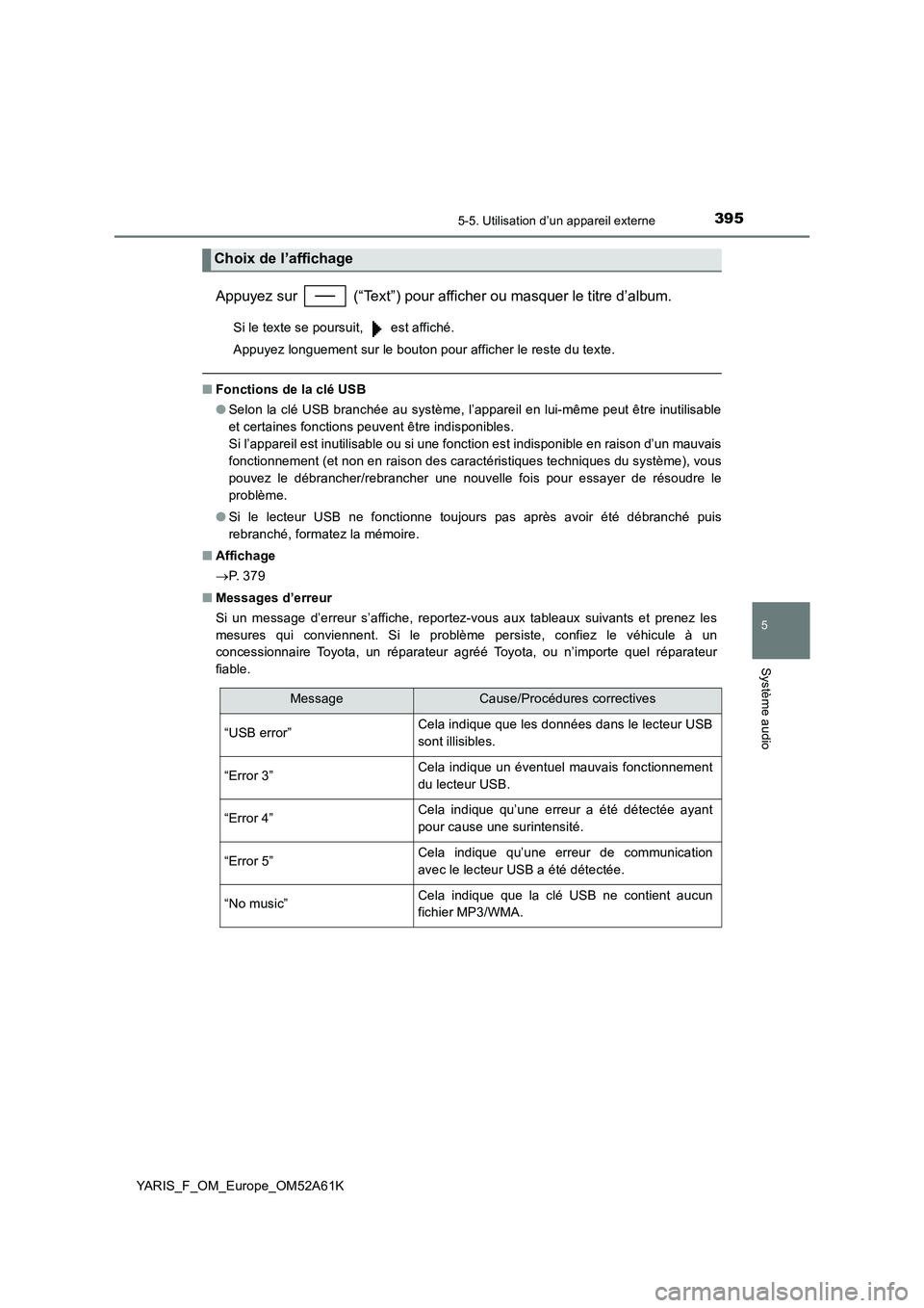 TOYOTA YARIS HATCHBACK 2019 Manuel du propriétaire (in French) 3955-5. Utilisation d’un appareil externe
5
Système audio
YARIS_F_OM_Europe_OM52A61K
Appuyez sur (“Text”) pour afficher ou masquer le titre d’album.
Si le texte se poursuit, est affiché. TOYOTA YARIS HATCHBACK 2019 Manuel du propriétaire (in French) 3955-5. Utilisation d’un appareil externe
5
Système audio
YARIS_F_OM_Europe_OM52A61K
Appuyez sur (“Text”) pour afficher ou masquer le titre d’album.
Si le texte se poursuit, est affiché.