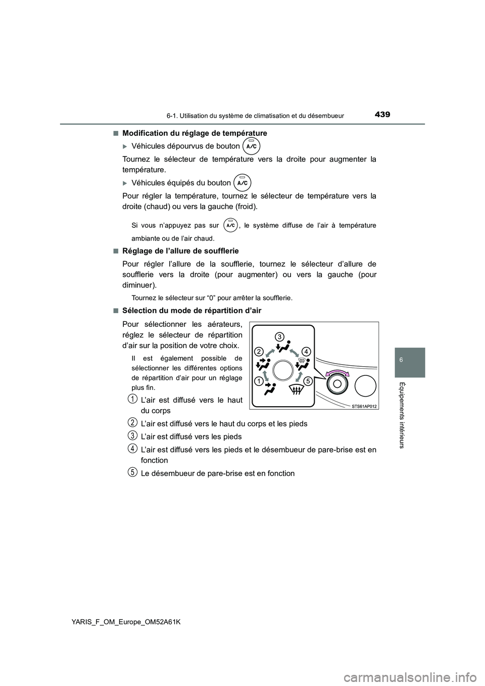 TOYOTA YARIS HATCHBACK 2019 Manuel du propriétaire (in French) 4396-1. Utilisation du système de climatisation et du désembueur
6
Équipements intérieurs
YARIS_F_OM_Europe_OM52A61K
■Modification du réglage de température
Véhicules dépourvus de bouton TOYOTA YARIS HATCHBACK 2019 Manuel du propriétaire (in French) 4396-1. Utilisation du système de climatisation et du désembueur
6
Équipements intérieurs
YARIS_F_OM_Europe_OM52A61K
■Modification du réglage de température
Véhicules dépourvus de bouton