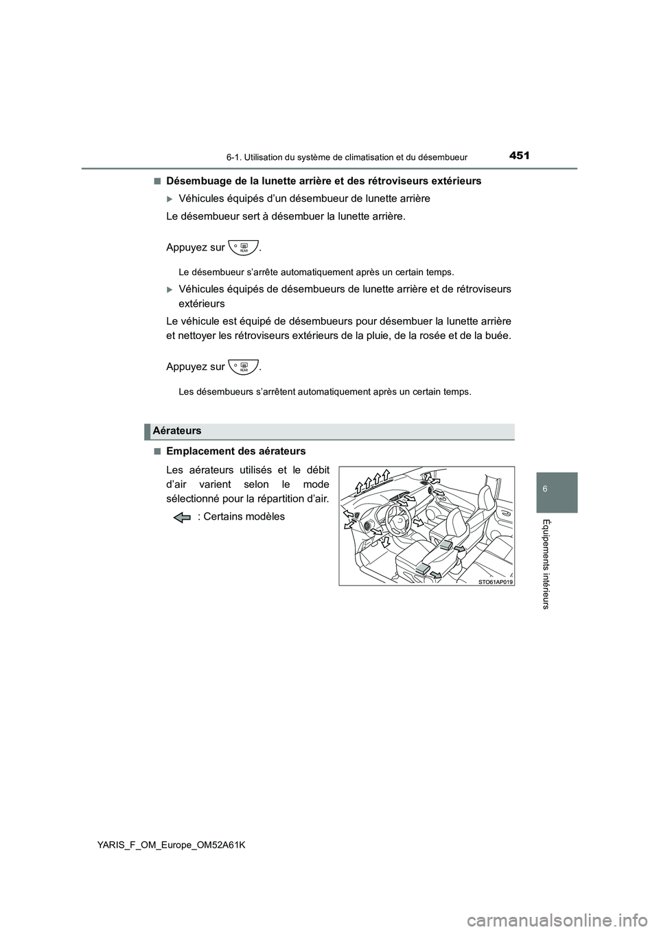 TOYOTA YARIS HATCHBACK 2019 Manuel du propriétaire (in French) 4516-1. Utilisation du système de climatisation et du désembueur
6
Équipements intérieurs
YARIS_F_OM_Europe_OM52A61K
■Désembuage de la lunette arrière et des rétroviseurs extérieurs
Véh TOYOTA YARIS HATCHBACK 2019 Manuel du propriétaire (in French) 4516-1. Utilisation du système de climatisation et du désembueur
6
Équipements intérieurs
YARIS_F_OM_Europe_OM52A61K
■Désembuage de la lunette arrière et des rétroviseurs extérieurs
Véh