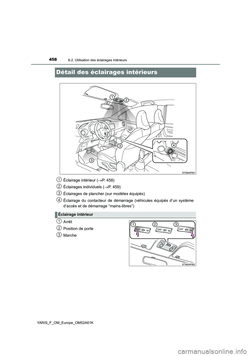 TOYOTA YARIS HATCHBACK 2019 Manuel du propriétaire (in French) 4586-2. Utilisation des éclairages intérieurs
YARIS_F_OM_Europe_OM52A61K
Détail des éclairages intérieurs
Arrêt
Position de porte
Marche
Éclairage intérieur (P. 458)
Éclairages individuels TOYOTA YARIS HATCHBACK 2019 Manuel du propriétaire (in French) 4586-2. Utilisation des éclairages intérieurs
YARIS_F_OM_Europe_OM52A61K
Détail des éclairages intérieurs
Arrêt
Position de porte
Marche
Éclairage intérieur (P. 458)
Éclairages individuels