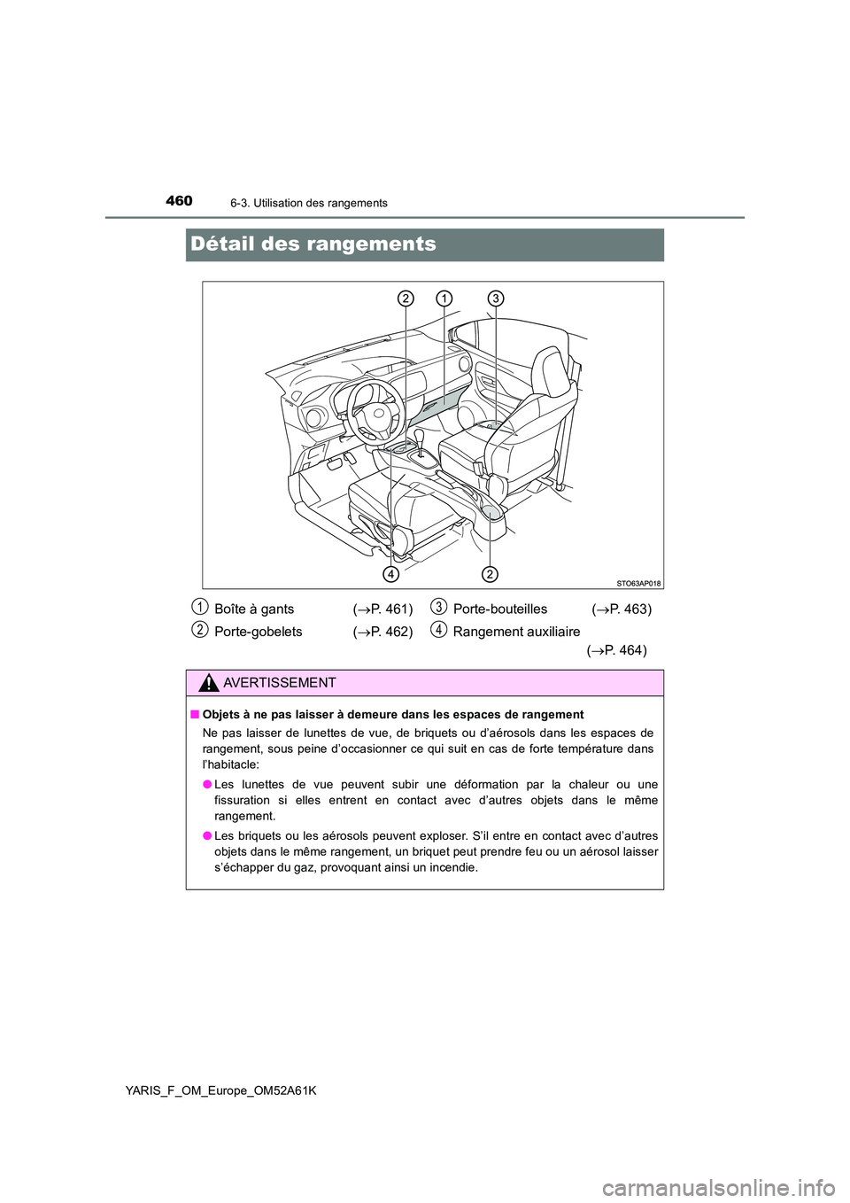 TOYOTA YARIS HATCHBACK 2019 Manuel du propriétaire (in French) 4606-3. Utilisation des rangements
YARIS_F_OM_Europe_OM52A61K
Détail des rangements
Boîte à gants (P. 461)
Porte-gobelets ( P. 462)
Porte-bouteilles ( P. 463)
Rangement auxiliaire
( TOYOTA YARIS HATCHBACK 2019 Manuel du propriétaire (in French) 4606-3. Utilisation des rangements
YARIS_F_OM_Europe_OM52A61K
Détail des rangements
Boîte à gants (P. 461)
Porte-gobelets ( P. 462)
Porte-bouteilles ( P. 463)
Rangement auxiliaire
(