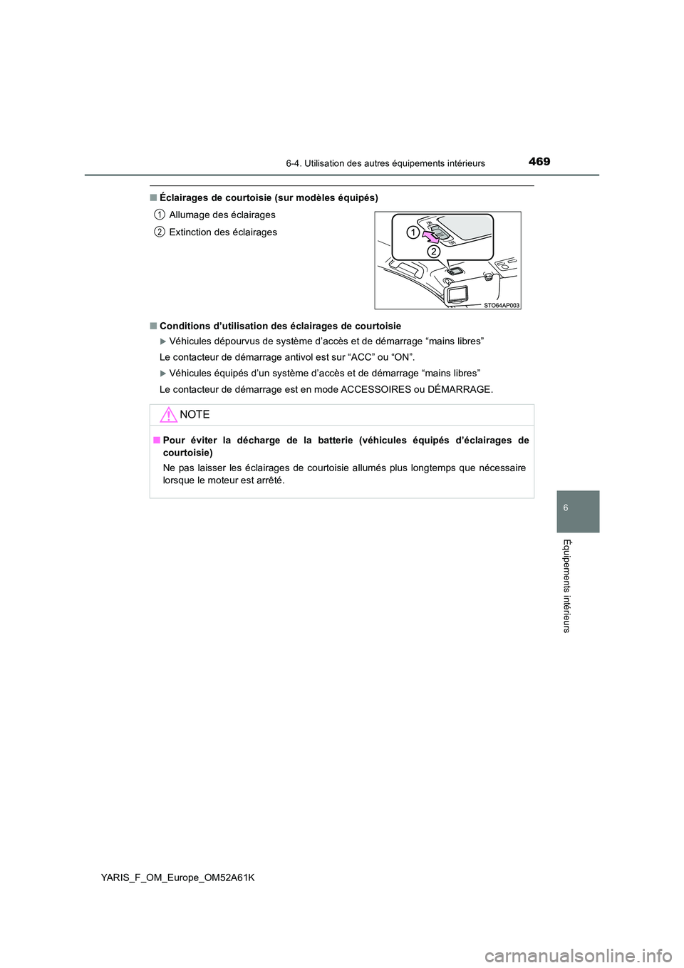 TOYOTA YARIS HATCHBACK 2019  Manuel du propriétaire (in French) 4696-4. Utilisation des autres équipements intérieurs
6
Équipements intérieurs
YARIS_F_OM_Europe_OM52A61K
■Éclairages de courtoisie (sur modèles équipés) 
■ Conditions d’utilisation des 