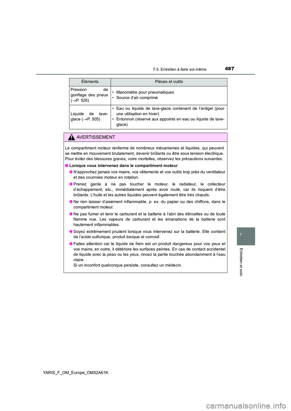 TOYOTA YARIS HATCHBACK 2019 Manuel du propriétaire (in French) 4877-3. Entretien à faire soi-même
7
Entretien et soin
YARIS_F_OM_Europe_OM52A61K
Pression de
gonflage des pneus
( P. 526)
• Manomètre pour pneumatiques
• Source d’air comprimé
Liquide TOYOTA YARIS HATCHBACK 2019 Manuel du propriétaire (in French) 4877-3. Entretien à faire soi-même
7
Entretien et soin
YARIS_F_OM_Europe_OM52A61K
Pression de
gonflage des pneus
( P. 526)
• Manomètre pour pneumatiques
• Source d’air comprimé
Liquide