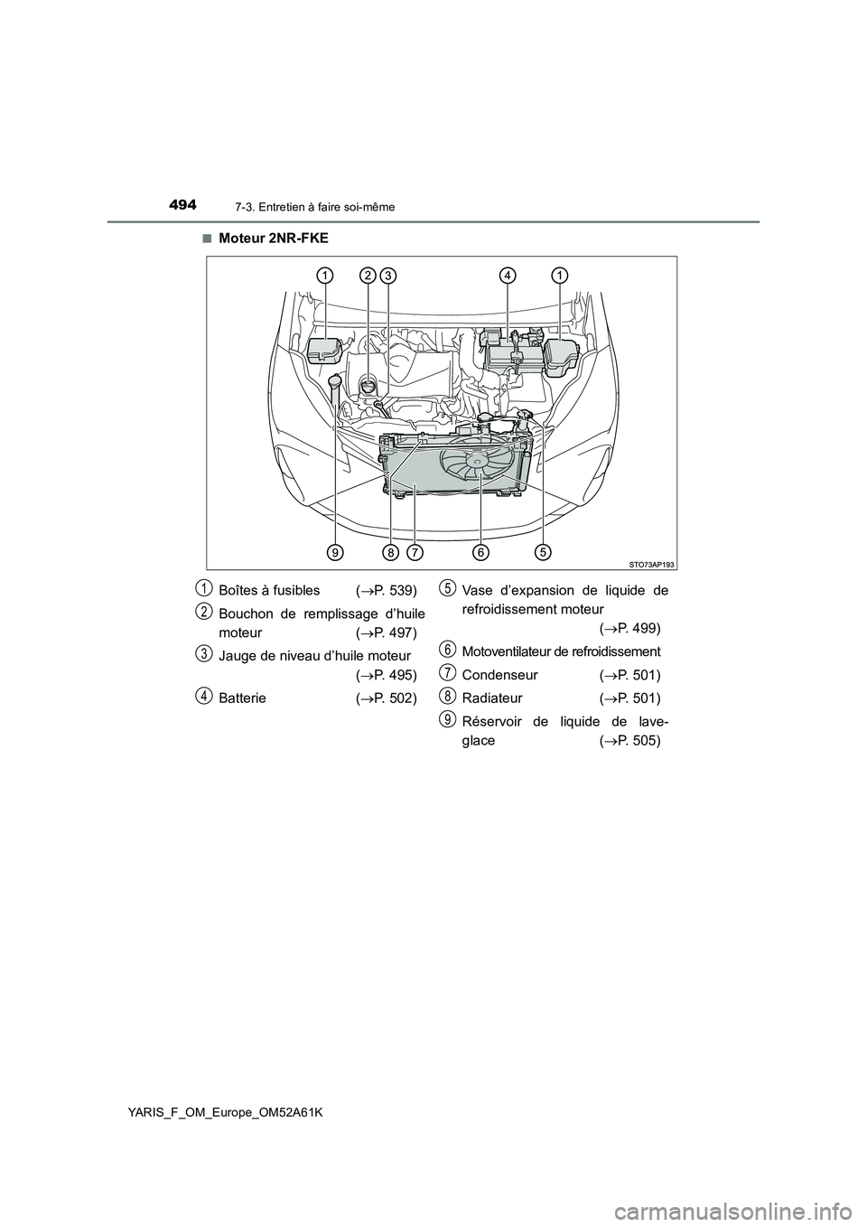 TOYOTA YARIS HATCHBACK 2019 Manuel du propriétaire (in French) 4947-3. Entretien à faire soi-même
YARIS_F_OM_Europe_OM52A61K■
Moteur 2NR-FKE
Boîtes à fusibles (P. 539)
Bouchon de remplissage d’huile
moteur (P. 497)
Jauge de niveau d’huile moteur TOYOTA YARIS HATCHBACK 2019 Manuel du propriétaire (in French) 4947-3. Entretien à faire soi-même
YARIS_F_OM_Europe_OM52A61K■
Moteur 2NR-FKE
Boîtes à fusibles (P. 539)
Bouchon de remplissage d’huile
moteur (P. 497)
Jauge de niveau d’huile moteur