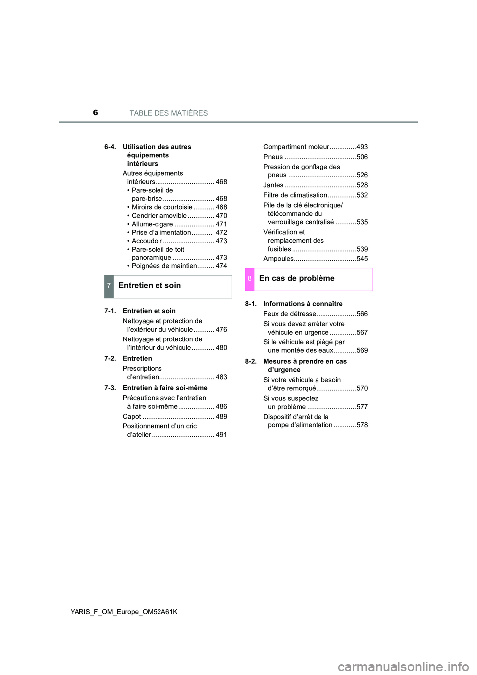 TOYOTA YARIS HATCHBACK 2019  Manuel du propriétaire (in French) TABLE DES MATIÈRES6
YARIS_F_OM_Europe_OM52A61K 
6-4. Utilisation des autres  
équipements  
intérieurs 
Autres équipements  
intérieurs ............................... 468 
• Pare-soleil de  
p