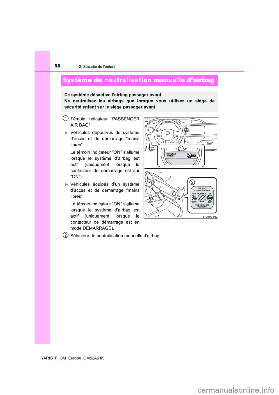 TOYOTA YARIS HATCHBACK 2019 Manuel du propriétaire (in French) 581-2. Sécurité de l’enfant
YARIS_F_OM_Europe_OM52A61K
Système de neutralisation manuelle d’airbag
Témoin indicateur “PASSENGER
AIR BAG”
Véhicules dépourvus de système
d’accès e TOYOTA YARIS HATCHBACK 2019 Manuel du propriétaire (in French) 581-2. Sécurité de l’enfant
YARIS_F_OM_Europe_OM52A61K
Système de neutralisation manuelle d’airbag
Témoin indicateur “PASSENGER
AIR BAG”
Véhicules dépourvus de système
d’accès e