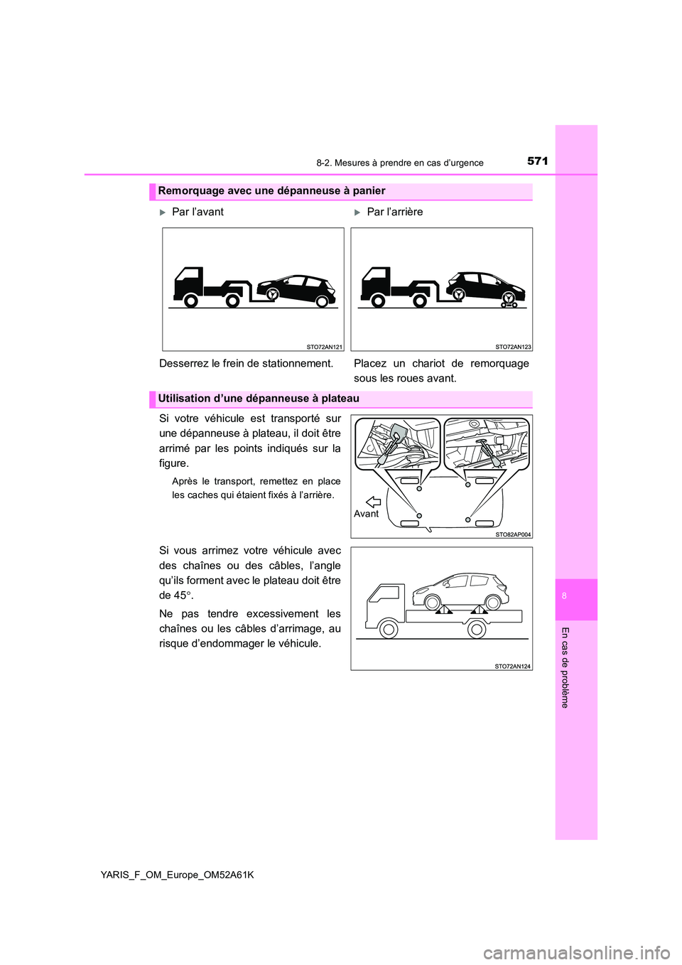 TOYOTA YARIS HATCHBACK 2019 Manuel du propriétaire (in French) 5718-2. Mesures à prendre en cas d’urgence
8
En cas de problème
YARIS_F_OM_Europe_OM52A61K
Si votre véhicule est transporté sur
une dépanneuse à plateau, il doit être
arrimé par les points TOYOTA YARIS HATCHBACK 2019 Manuel du propriétaire (in French) 5718-2. Mesures à prendre en cas d’urgence
8
En cas de problème
YARIS_F_OM_Europe_OM52A61K
Si votre véhicule est transporté sur
une dépanneuse à plateau, il doit être
arrimé par les points