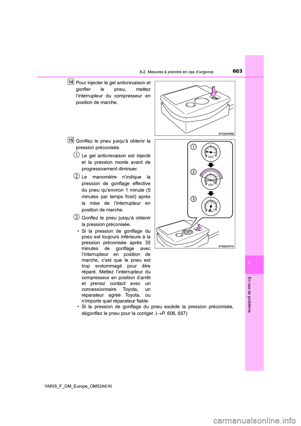 TOYOTA YARIS HATCHBACK 2019 Manuel du propriétaire (in French) 6038-2. Mesures à prendre en cas d’urgence
8
En cas de problème
YARIS_F_OM_Europe_OM52A61K
Pour injecter le gel anticrevaison et
gonfler le pneu, mettez
l’interrupteur du compresseur en
posit TOYOTA YARIS HATCHBACK 2019 Manuel du propriétaire (in French) 6038-2. Mesures à prendre en cas d’urgence
8
En cas de problème
YARIS_F_OM_Europe_OM52A61K
Pour injecter le gel anticrevaison et
gonfler le pneu, mettez
l’interrupteur du compresseur en
posit