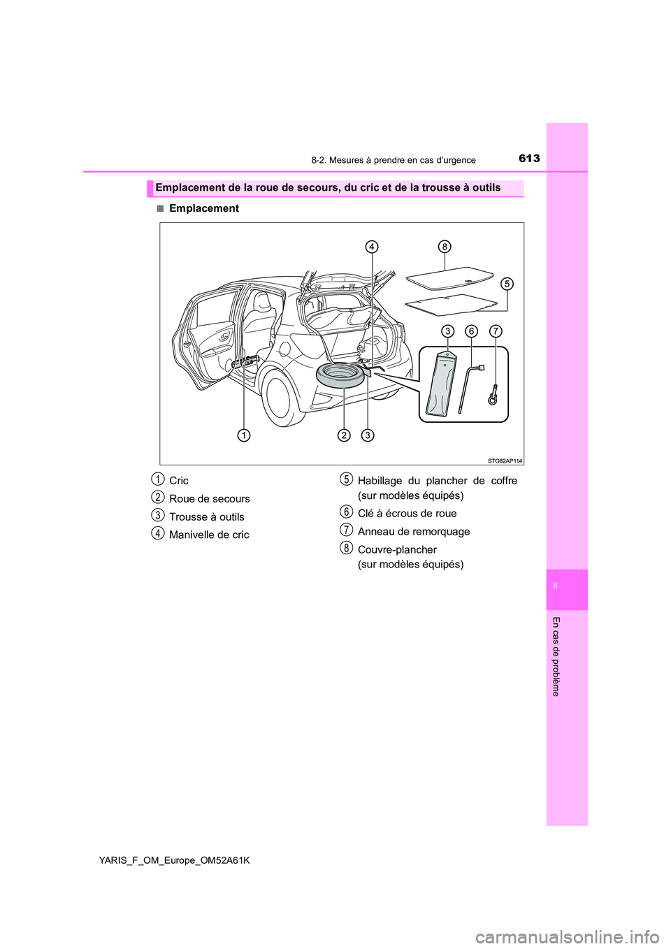 TOYOTA YARIS HATCHBACK 2019 Manuel du propriétaire (in French) 6138-2. Mesures à prendre en cas d’urgence
8
En cas de problème
YARIS_F_OM_Europe_OM52A61K
■Emplacement
Emplacement de la roue de secours, du cric et de la trousse à outils
Cric
Roue de secou TOYOTA YARIS HATCHBACK 2019 Manuel du propriétaire (in French) 6138-2. Mesures à prendre en cas d’urgence
8
En cas de problème
YARIS_F_OM_Europe_OM52A61K
■Emplacement
Emplacement de la roue de secours, du cric et de la trousse à outils
Cric
Roue de secou