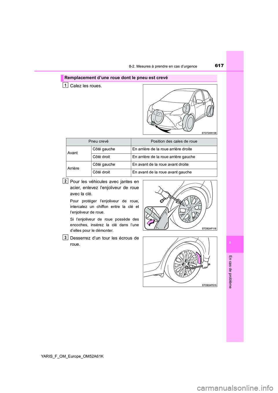 TOYOTA YARIS HATCHBACK 2019 Manuel du propriétaire (in French) 6178-2. Mesures à prendre en cas d’urgence
8
En cas de problème
YARIS_F_OM_Europe_OM52A61K
Calez les roues.
Pour les véhicules avec jantes en
acier, enlevez l’enjoliveur de roue
avec la clé TOYOTA YARIS HATCHBACK 2019 Manuel du propriétaire (in French) 6178-2. Mesures à prendre en cas d’urgence
8
En cas de problème
YARIS_F_OM_Europe_OM52A61K
Calez les roues.
Pour les véhicules avec jantes en
acier, enlevez l’enjoliveur de roue
avec la clé