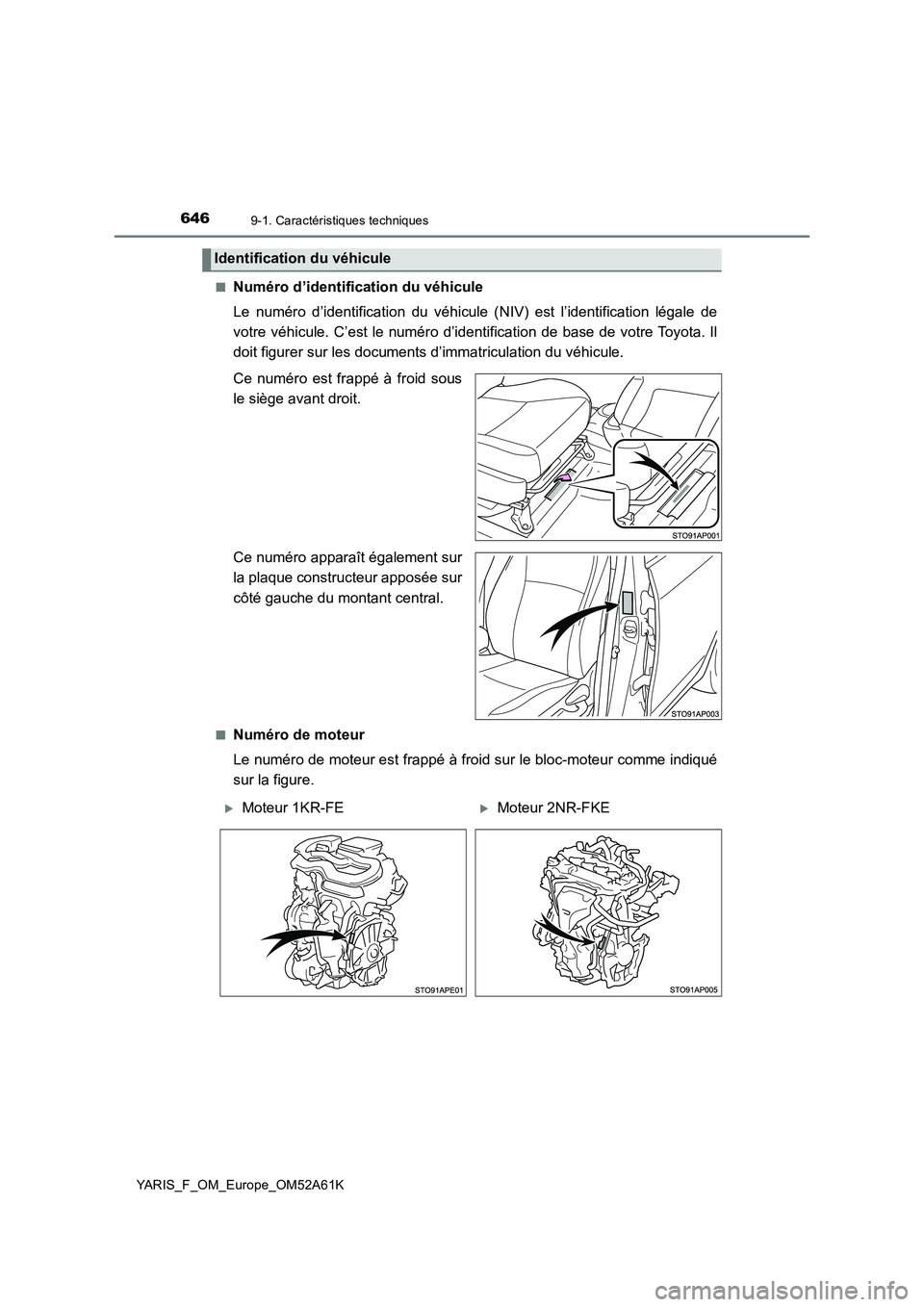 TOYOTA YARIS HATCHBACK 2019 Manuel du propriétaire (in French) 6469-1. Caractéristiques techniques
YARIS_F_OM_Europe_OM52A61K■
Numéro d’identification du véhicule
Le numéro d’identification du véhicule (NIV) est l’identification légale de
votre véh TOYOTA YARIS HATCHBACK 2019 Manuel du propriétaire (in French) 6469-1. Caractéristiques techniques
YARIS_F_OM_Europe_OM52A61K■
Numéro d’identification du véhicule
Le numéro d’identification du véhicule (NIV) est l’identification légale de
votre véh
