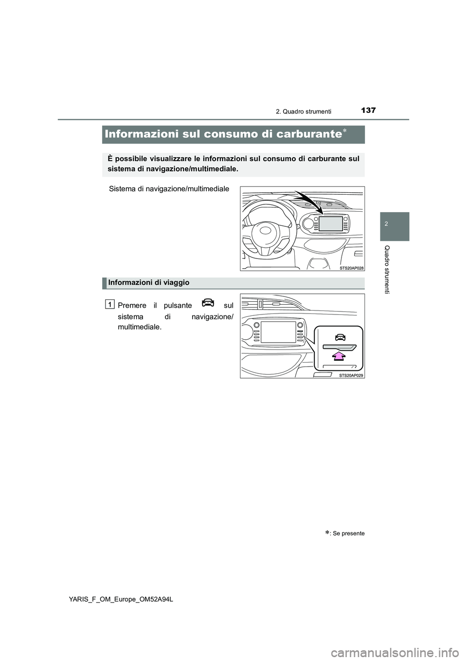 TOYOTA YARIS HATCHBACK 2019 Manuale duso (in Italian) 137
2
2. Quadro strumenti
Quadro strumenti
YARIS_F_OM_Europe_OM52A94L
Informazioni sul consumo di carburante
Sistema di navigazione/multimediale
Premere il pulsante sul
sistema di navigazione/ TOYOTA YARIS HATCHBACK 2019 Manuale duso (in Italian) 137
2
2. Quadro strumenti
Quadro strumenti
YARIS_F_OM_Europe_OM52A94L
Informazioni sul consumo di carburante
Sistema di navigazione/multimediale
Premere il pulsante sul
sistema di navigazione/