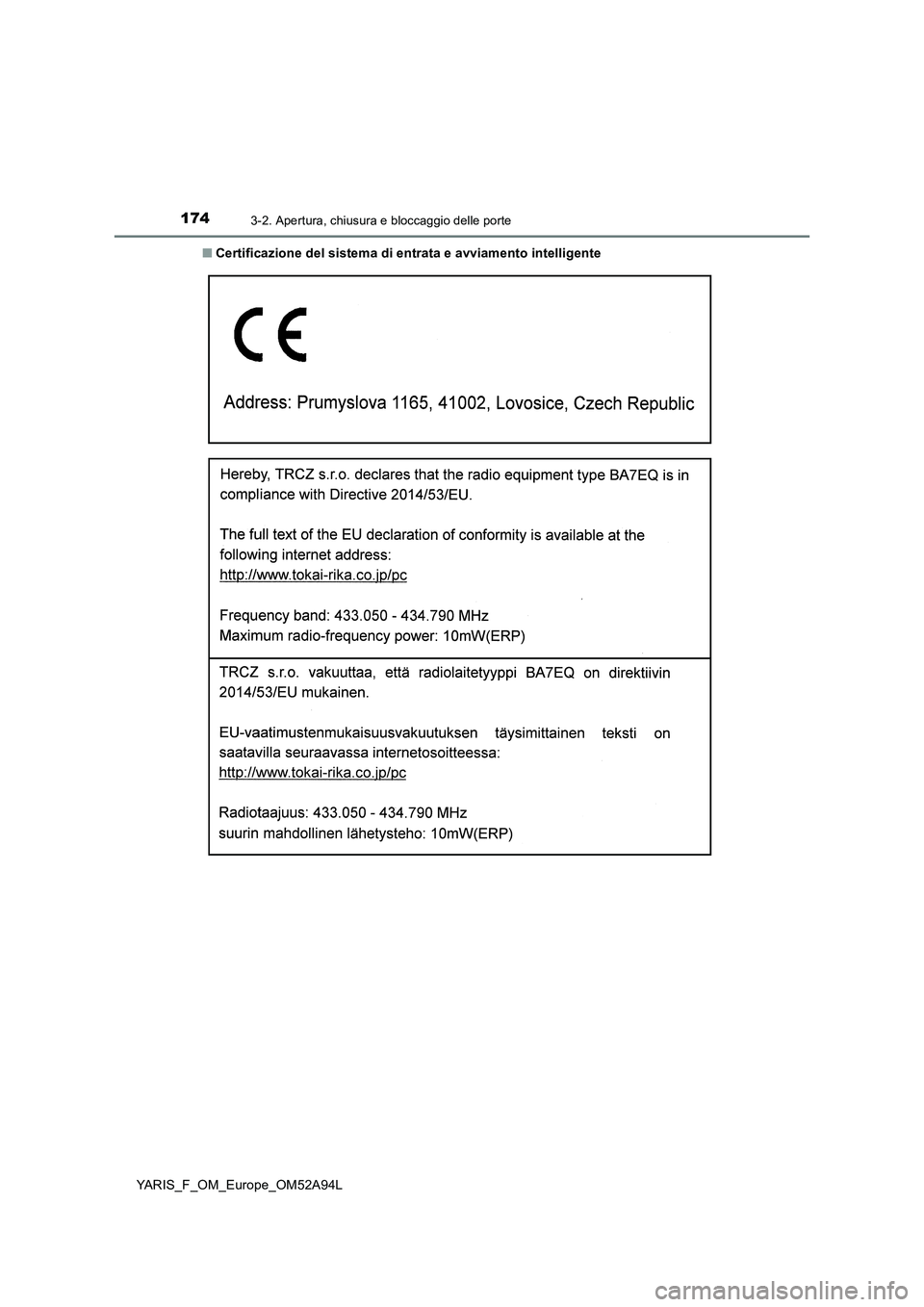 TOYOTA YARIS HATCHBACK 2019  Manuale duso (in Italian) 1743-2. Apertura, chiusura e bloccaggio delle porte
YARIS_F_OM_Europe_OM52A94L■Certificazione del sistema di entrata e avviamento intelligente 