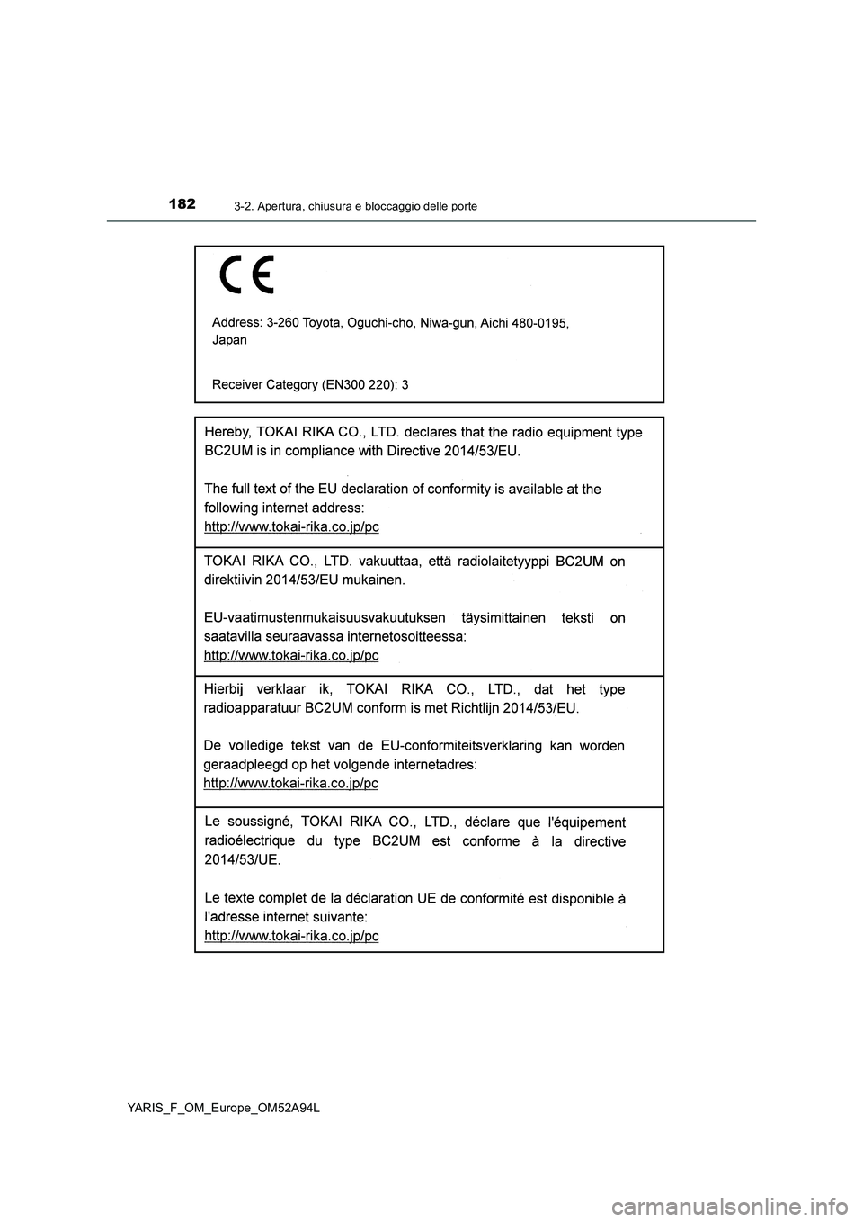 TOYOTA YARIS HATCHBACK 2019 Manuale duso (in Italian) 1823-2. Apertura, chiusura e bloccaggio delle porte
YARIS_F_OM_Europe_OM52A94L TOYOTA YARIS HATCHBACK 2019 Manuale duso (in Italian) 1823-2. Apertura, chiusura e bloccaggio delle porte
YARIS_F_OM_Europe_OM52A94L