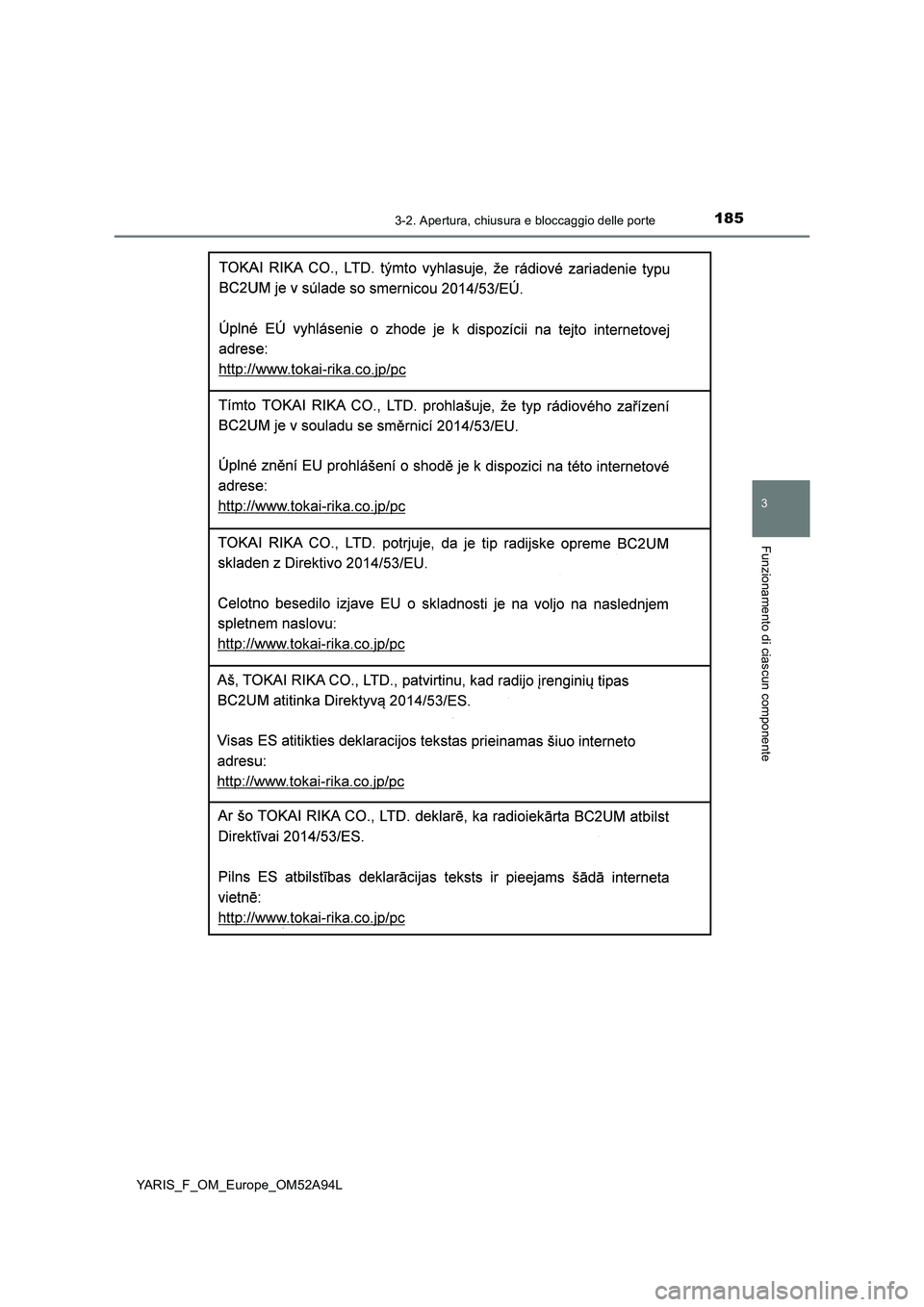 TOYOTA YARIS HATCHBACK 2019 Manuale duso (in Italian) 1853-2. Apertura, chiusura e bloccaggio delle porte
3
Funzionamento di ciascun componente
YARIS_F_OM_Europe_OM52A94L TOYOTA YARIS HATCHBACK 2019 Manuale duso (in Italian) 1853-2. Apertura, chiusura e bloccaggio delle porte
3
Funzionamento di ciascun componente
YARIS_F_OM_Europe_OM52A94L