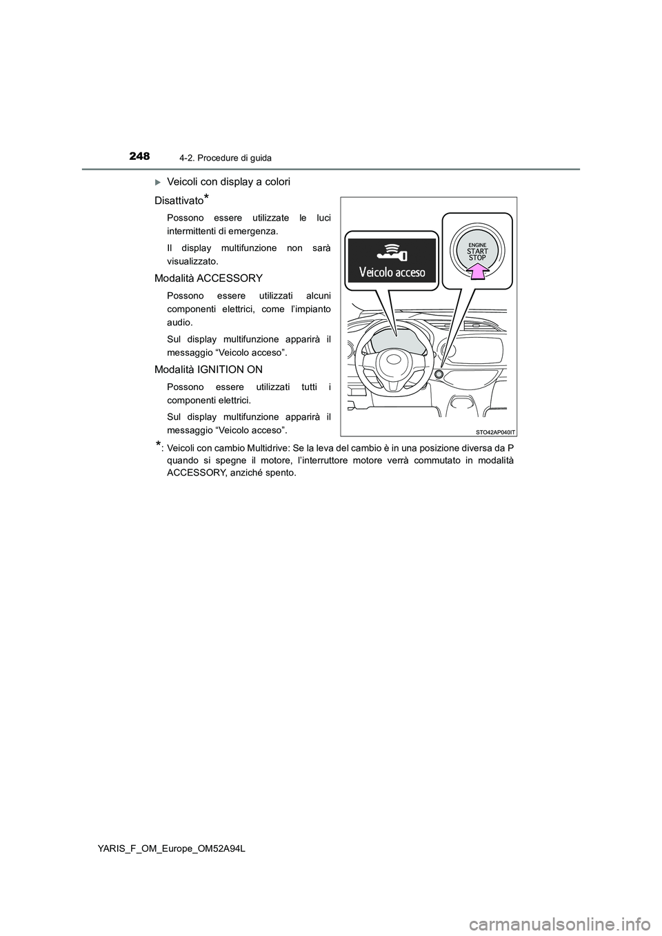 TOYOTA YARIS HATCHBACK 2019 Manuale duso (in Italian) 2484-2. Procedure di guida
YARIS_F_OM_Europe_OM52A94L
Veicoli con display a colori
Disattivato
*
Possono essere utilizzate le luci
intermittenti di emergenza.
Il display multifunzione non sarà
vis TOYOTA YARIS HATCHBACK 2019 Manuale duso (in Italian) 2484-2. Procedure di guida
YARIS_F_OM_Europe_OM52A94L
Veicoli con display a colori
Disattivato
*
Possono essere utilizzate le luci
intermittenti di emergenza.
Il display multifunzione non sarà
vis