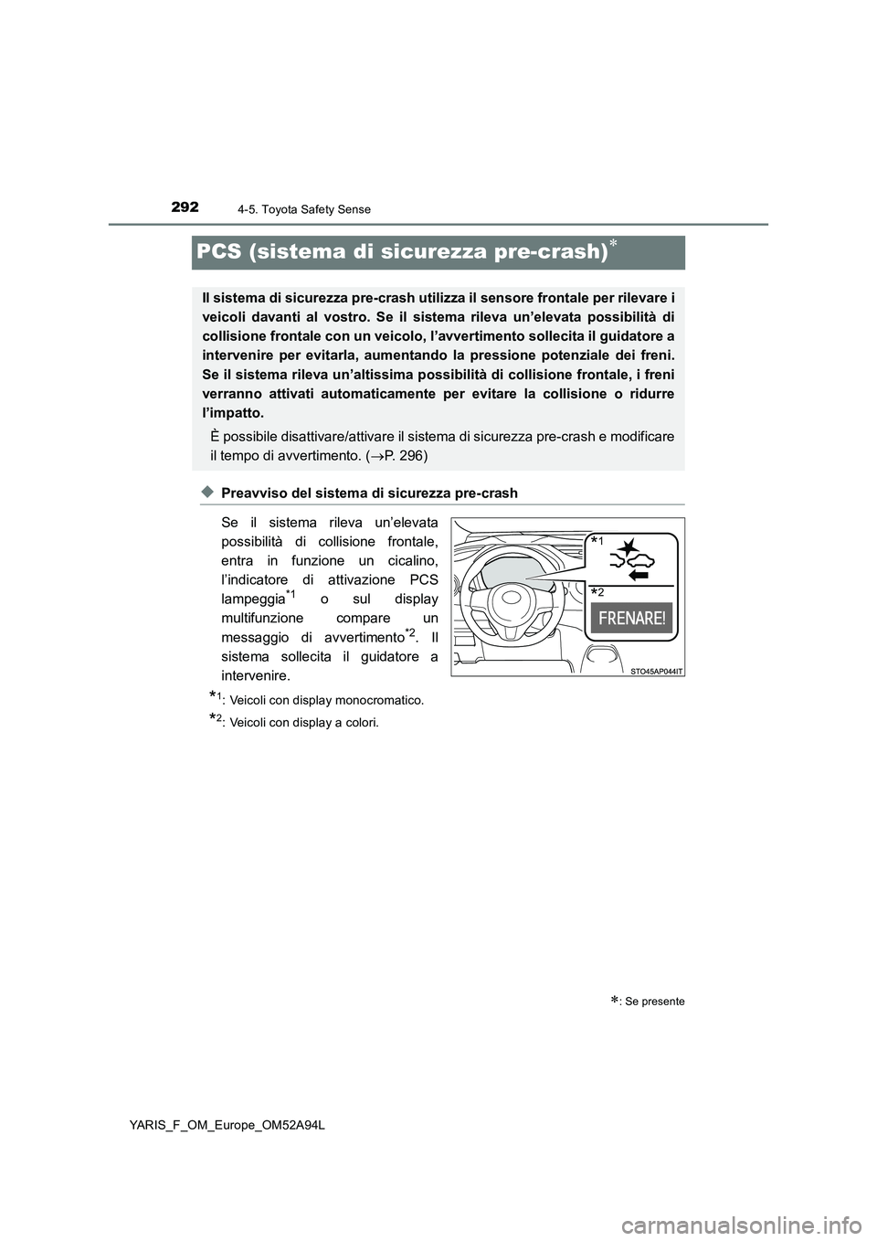 TOYOTA YARIS HATCHBACK 2019 Manuale duso (in Italian) 2924-5. Toyota Safety Sense
YARIS_F_OM_Europe_OM52A94L
PCS (sistema di sicurezza pre-crash)
◆Preavviso del sistema di sicurezza pre-crash
Se il sistema rileva un’elevata
possibilità di collisi TOYOTA YARIS HATCHBACK 2019 Manuale duso (in Italian) 2924-5. Toyota Safety Sense
YARIS_F_OM_Europe_OM52A94L
PCS (sistema di sicurezza pre-crash)
◆Preavviso del sistema di sicurezza pre-crash
Se il sistema rileva un’elevata
possibilità di collisi