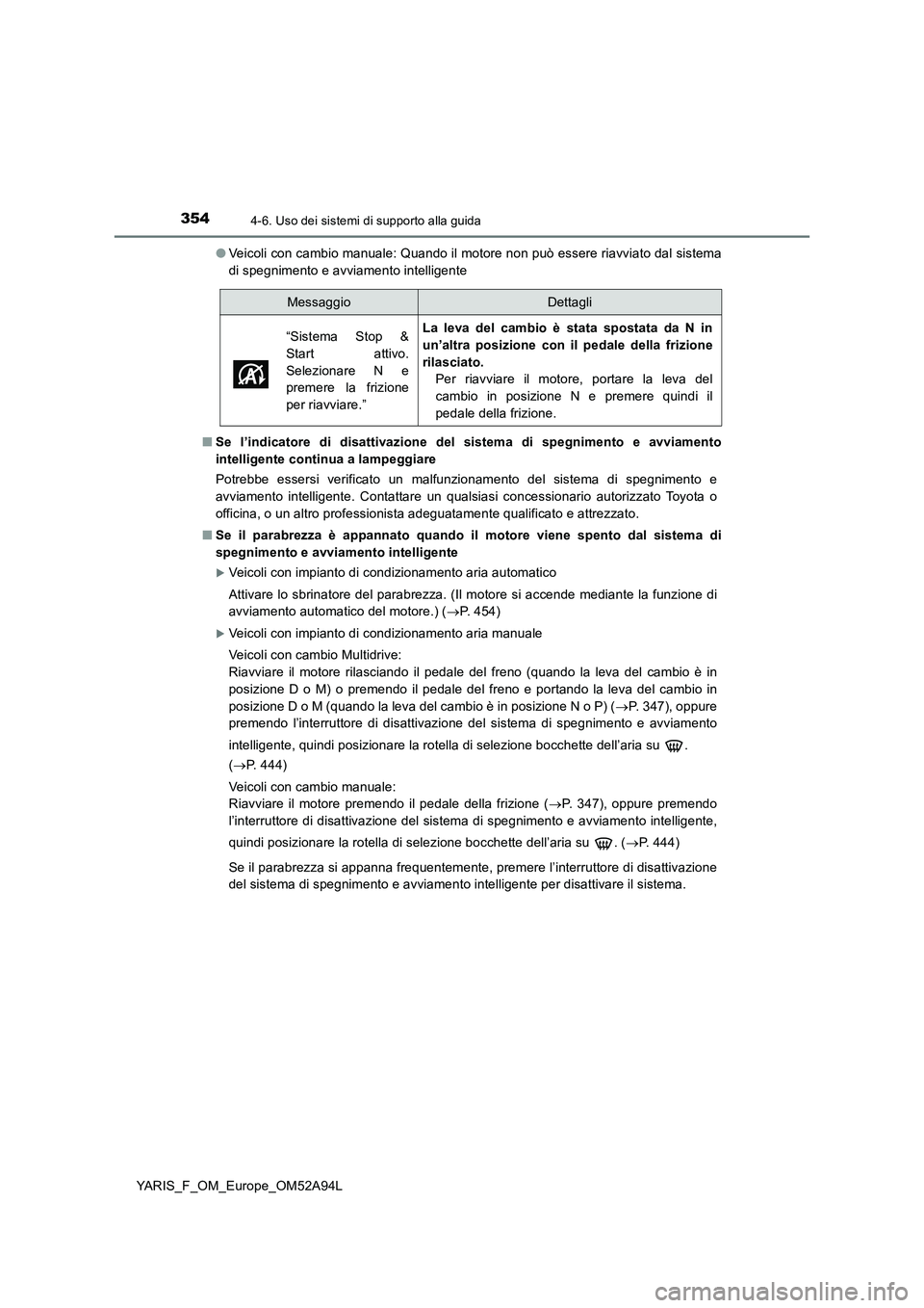 TOYOTA YARIS HATCHBACK 2019 Manuale duso (in Italian) 3544-6. Uso dei sistemi di supporto alla guida
YARIS_F_OM_Europe_OM52A94L●Veicoli con cambio manuale: Quando il motore non può essere riavviato dal sistema
di spegnimento e avviamento intelligente
TOYOTA YARIS HATCHBACK 2019 Manuale duso (in Italian) 3544-6. Uso dei sistemi di supporto alla guida
YARIS_F_OM_Europe_OM52A94L●Veicoli con cambio manuale: Quando il motore non può essere riavviato dal sistema
di spegnimento e avviamento intelligente