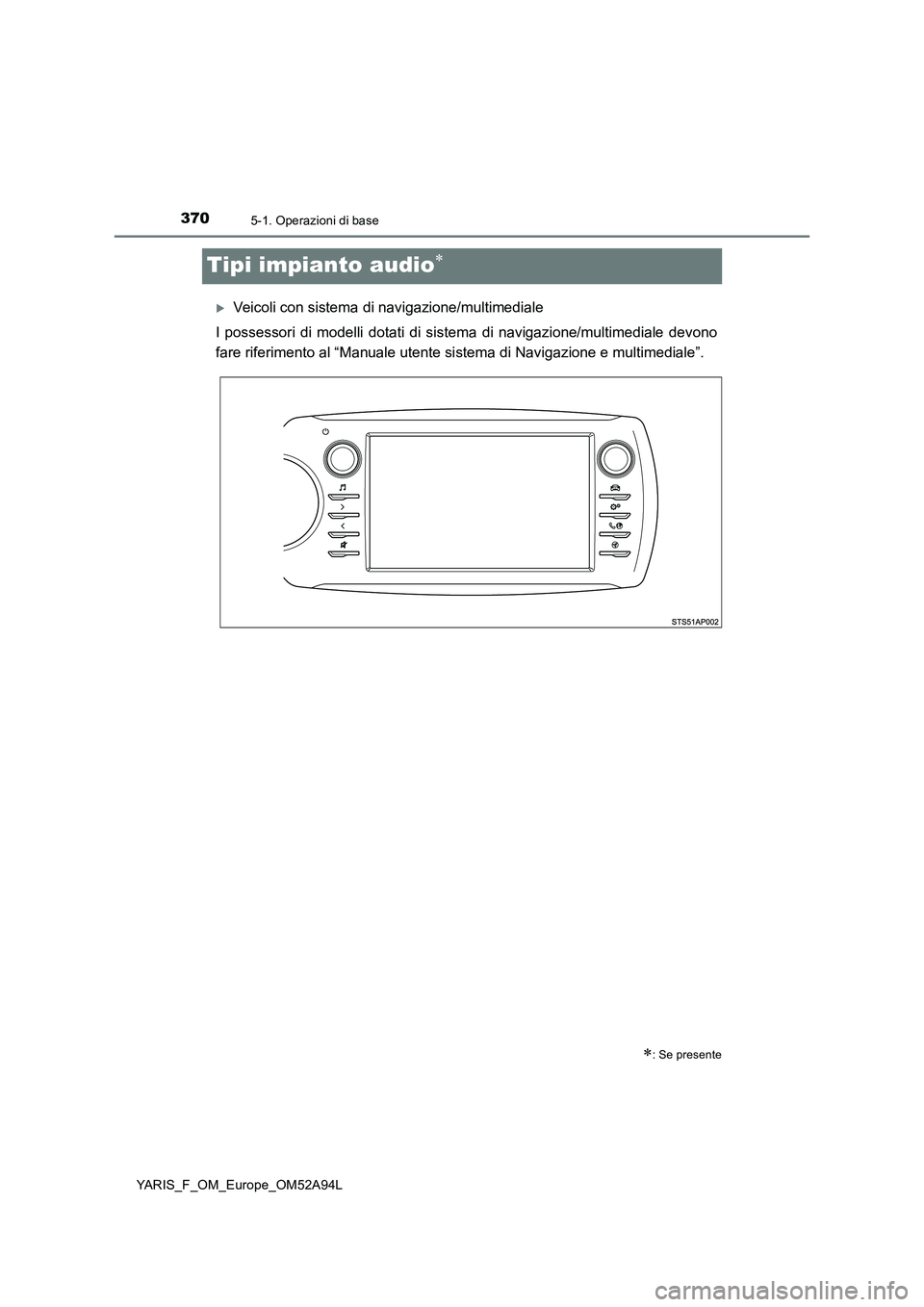 TOYOTA YARIS HATCHBACK 2019 Manuale duso (in Italian) 3705-1. Operazioni di base
YARIS_F_OM_Europe_OM52A94L
Tipi impianto audio
Veicoli con sistema di navigazione/multimediale
I possessori di modelli dotati di sist ema di navigazione/multimediale TOYOTA YARIS HATCHBACK 2019 Manuale duso (in Italian) 3705-1. Operazioni di base
YARIS_F_OM_Europe_OM52A94L
Tipi impianto audio
Veicoli con sistema di navigazione/multimediale
I possessori di modelli dotati di sist ema di navigazione/multimediale
