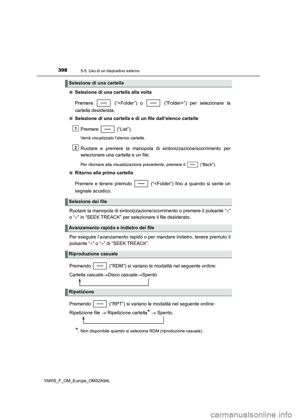 TOYOTA YARIS HATCHBACK 2019 Manuale duso (in Italian) 3985-5. Uso di un dispositivo esterno
YARIS_F_OM_Europe_OM52A94L■
Selezione di una cartella alla volta
Premere (“<Folder”) o (“Folder>”) per selezionare la
cartella desiderata.
■Selezi TOYOTA YARIS HATCHBACK 2019 Manuale duso (in Italian) 3985-5. Uso di un dispositivo esterno
YARIS_F_OM_Europe_OM52A94L■
Selezione di una cartella alla volta
Premere (“<Folder”) o (“Folder>”) per selezionare la
cartella desiderata.
■Selezi