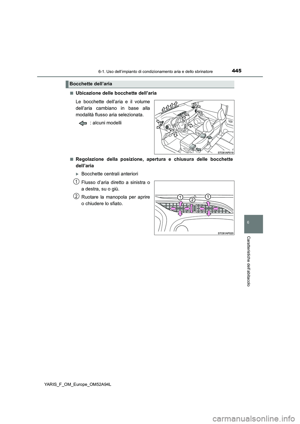 TOYOTA YARIS HATCHBACK 2019 Manuale duso (in Italian) 4456-1. Uso dell’impianto di condizionamento aria e dello sbrinatore
6
Caratteristiche dell’abitacolo
YARIS_F_OM_Europe_OM52A94L
■Ubicazione delle bocchette dell’aria
Le bocchette dell’ari TOYOTA YARIS HATCHBACK 2019 Manuale duso (in Italian) 4456-1. Uso dell’impianto di condizionamento aria e dello sbrinatore
6
Caratteristiche dell’abitacolo
YARIS_F_OM_Europe_OM52A94L
■Ubicazione delle bocchette dell’aria
Le bocchette dell’ari