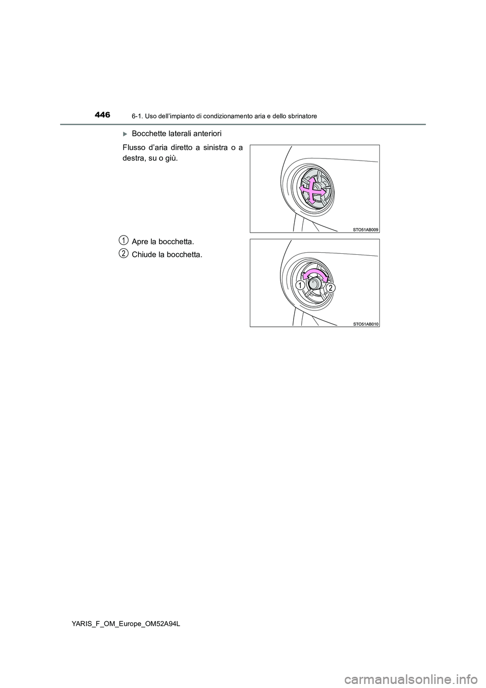 TOYOTA YARIS HATCHBACK 2019 Manuale duso (in Italian) 4466-1. Uso dell’impianto di condizionamento aria e dello sbrinatore
YARIS_F_OM_Europe_OM52A94L
Bocchette laterali anteriori
Flusso d’aria diretto a sinistra o a
destra, su o giù.
Apre la b TOYOTA YARIS HATCHBACK 2019 Manuale duso (in Italian) 4466-1. Uso dell’impianto di condizionamento aria e dello sbrinatore
YARIS_F_OM_Europe_OM52A94L
Bocchette laterali anteriori
Flusso d’aria diretto a sinistra o a
destra, su o giù.
Apre la b
