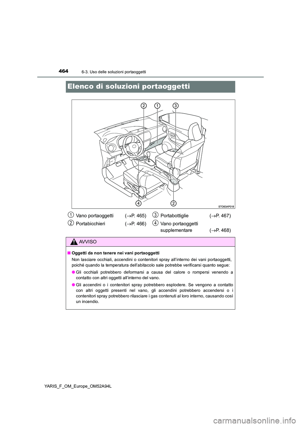 TOYOTA YARIS HATCHBACK 2019  Manuale duso (in Italian) 4646-3. Uso delle soluzioni portaoggetti
YARIS_F_OM_Europe_OM52A94L
Elenco di soluzioni portaoggetti
Vano portaoggetti  (P. 465) 
Portabicchieri ( P. 466) 
Portabottiglie ( P. 467) 
Vano port