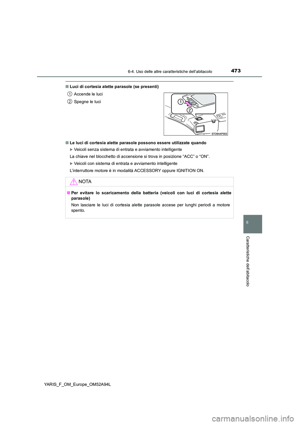 TOYOTA YARIS HATCHBACK 2019 Manuale duso (in Italian) 4736-4. Uso delle altre caratteristiche dell’abitacolo
6
Caratteristiche dell’abitacolo
YARIS_F_OM_Europe_OM52A94L
■Luci di cortesia alette parasole (se presenti)
■ Le luci di cortesia alette TOYOTA YARIS HATCHBACK 2019 Manuale duso (in Italian) 4736-4. Uso delle altre caratteristiche dell’abitacolo
6
Caratteristiche dell’abitacolo
YARIS_F_OM_Europe_OM52A94L
■Luci di cortesia alette parasole (se presenti)
■ Le luci di cortesia alette