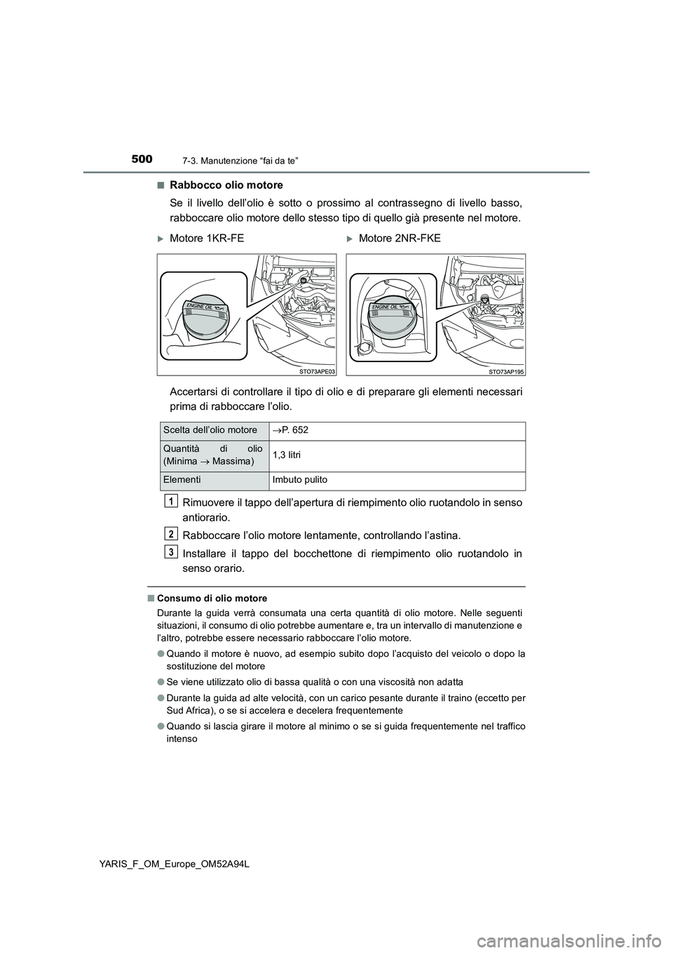 TOYOTA YARIS HATCHBACK 2019 Manuale duso (in Italian) 5007-3. Manutenzione “fai da te”
YARIS_F_OM_Europe_OM52A94L■
Rabbocco olio motore
Se il livello dell’olio è sotto o prossimo al contrassegno di livello basso,
rabboccare olio motore dello ste TOYOTA YARIS HATCHBACK 2019 Manuale duso (in Italian) 5007-3. Manutenzione “fai da te”
YARIS_F_OM_Europe_OM52A94L■
Rabbocco olio motore
Se il livello dell’olio è sotto o prossimo al contrassegno di livello basso,
rabboccare olio motore dello ste