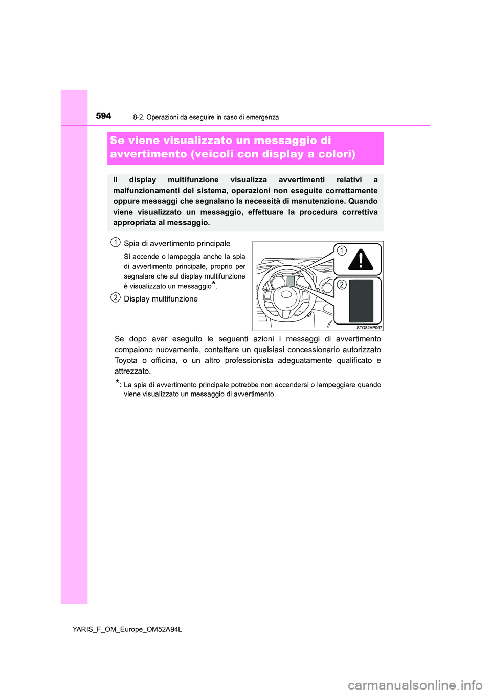 TOYOTA YARIS HATCHBACK 2019 Manuale duso (in Italian) 5948-2. Operazioni da eseguire in caso di emergenza
YARIS_F_OM_Europe_OM52A94L
Se viene visualizzato un messaggio di
avvertimento (veicoli con display a colori)
Spia di avvertimento principale
Si ac TOYOTA YARIS HATCHBACK 2019 Manuale duso (in Italian) 5948-2. Operazioni da eseguire in caso di emergenza
YARIS_F_OM_Europe_OM52A94L
Se viene visualizzato un messaggio di
avvertimento (veicoli con display a colori)
Spia di avvertimento principale
Si ac