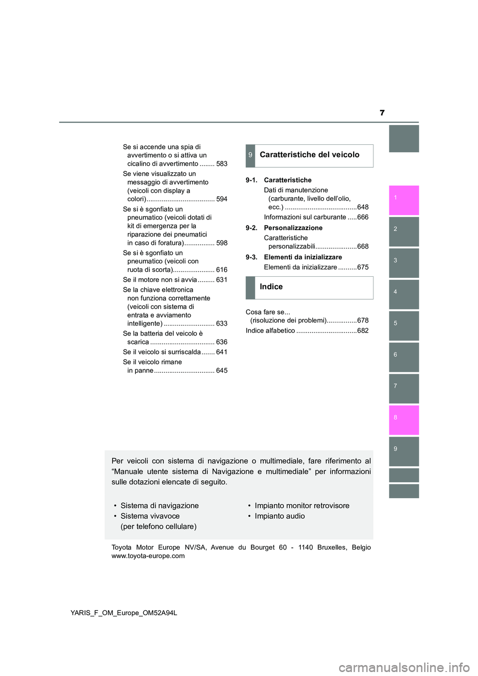 TOYOTA YARIS HATCHBACK 2019  Manuale duso (in Italian) 7
1 
7 
8 
6 
5
4
3
2
9
YARIS_F_OM_Europe_OM52A94L 
Se si accende una spia di  
avvertimento o si attiva un  
cicalino di avvertimento ........ 583 
Se viene visualizzato un  
messaggio di avvertiment