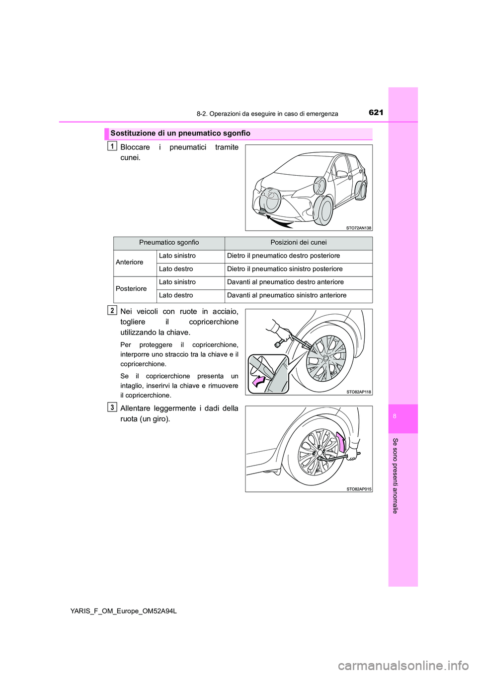 TOYOTA YARIS HATCHBACK 2019 Manuale duso (in Italian) 6218-2. Operazioni da eseguire in caso di emergenza
8
Se sono presenti anomalie
YARIS_F_OM_Europe_OM52A94L
Bloccare i pneumatici tramite
cunei.
Nei veicoli con ruote in acciaio,
togliere il coprice TOYOTA YARIS HATCHBACK 2019 Manuale duso (in Italian) 6218-2. Operazioni da eseguire in caso di emergenza
8
Se sono presenti anomalie
YARIS_F_OM_Europe_OM52A94L
Bloccare i pneumatici tramite
cunei.
Nei veicoli con ruote in acciaio,
togliere il coprice