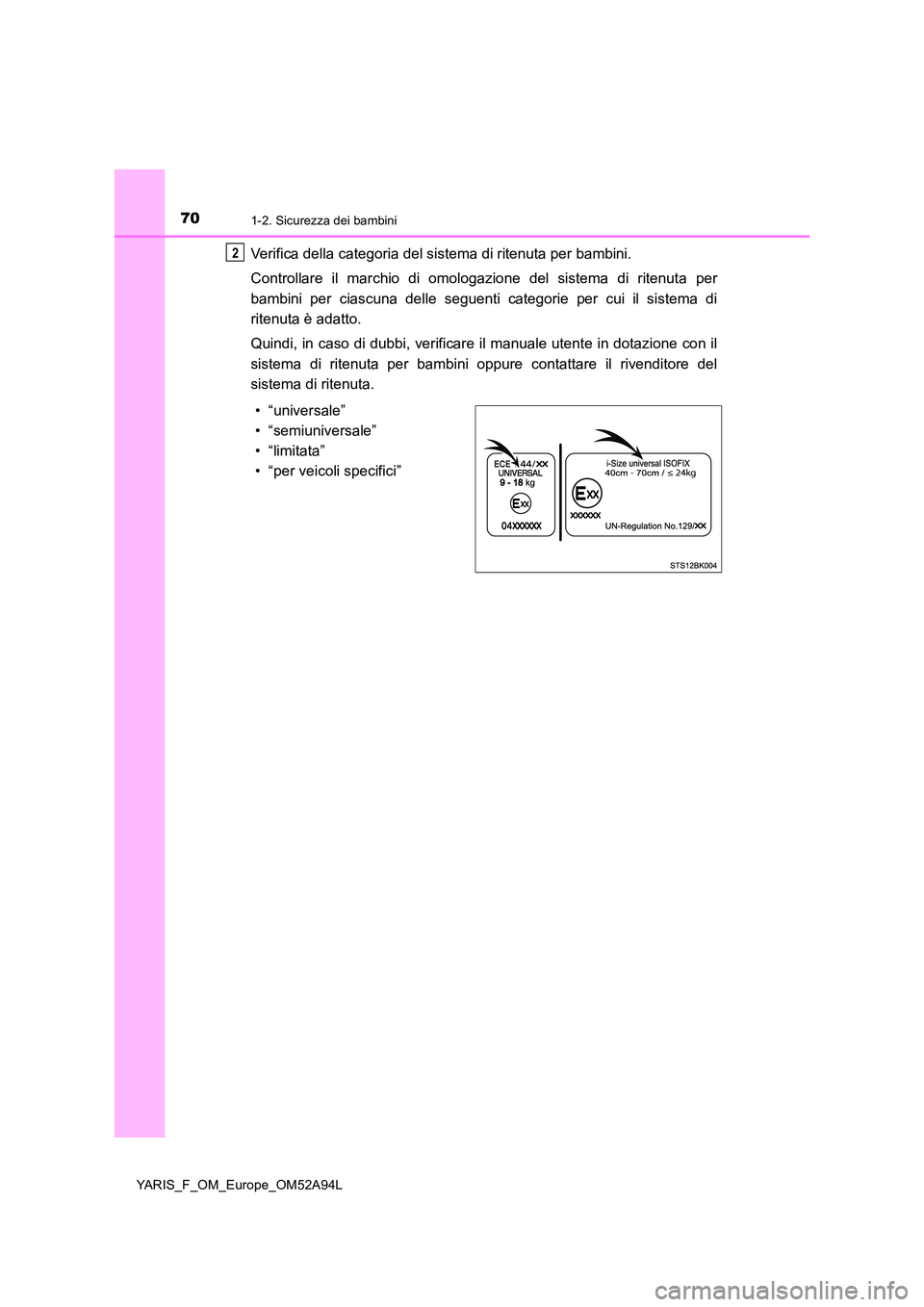 TOYOTA YARIS HATCHBACK 2019 Manuale duso (in Italian) 701-2. Sicurezza dei bambini
YARIS_F_OM_Europe_OM52A94L
Verifica della categoria del sistema di ritenuta per bambini.
Controllare il marchio di omologazione del sistema di ritenuta per
bambini per c TOYOTA YARIS HATCHBACK 2019 Manuale duso (in Italian) 701-2. Sicurezza dei bambini
YARIS_F_OM_Europe_OM52A94L
Verifica della categoria del sistema di ritenuta per bambini.
Controllare il marchio di omologazione del sistema di ritenuta per
bambini per c