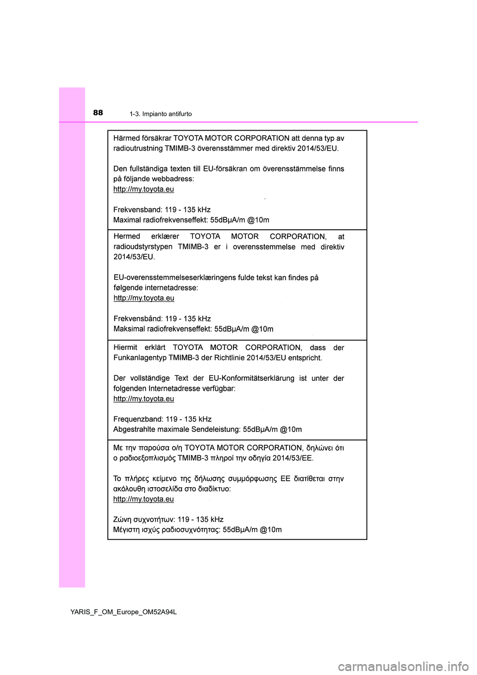 TOYOTA YARIS HATCHBACK 2019  Manuale duso (in Italian) 881-3. Impianto antifurto
YARIS_F_OM_Europe_OM52A94L 