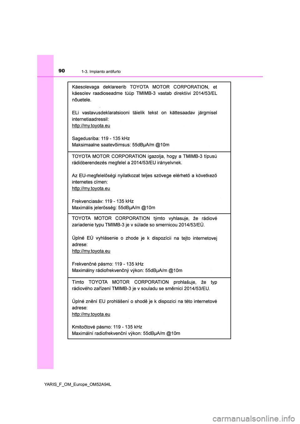 TOYOTA YARIS HATCHBACK 2019  Manuale duso (in Italian) 901-3. Impianto antifurto
YARIS_F_OM_Europe_OM52A94L 