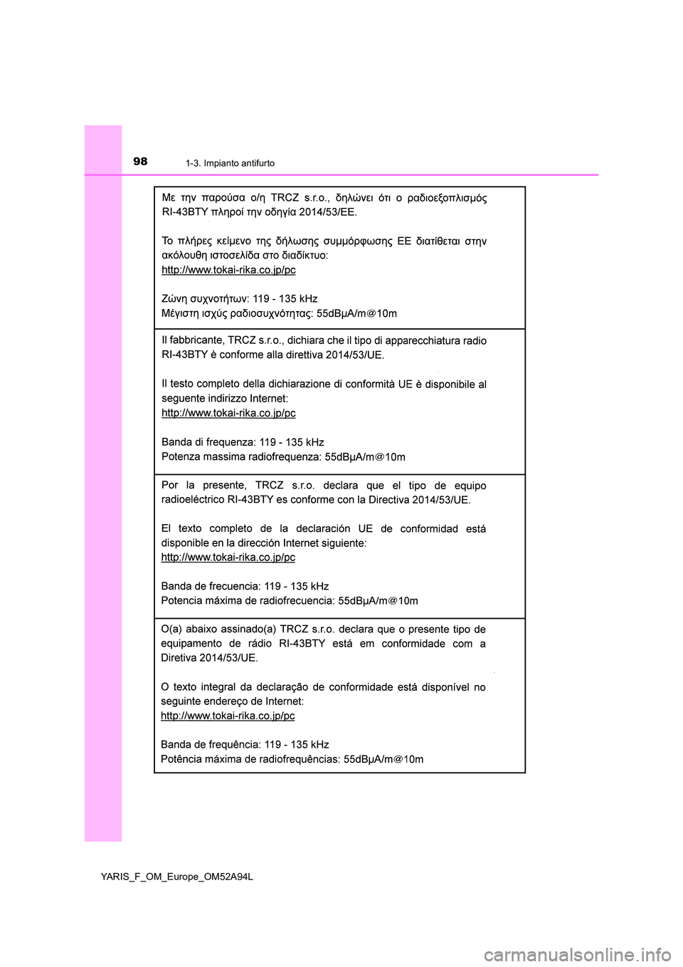 TOYOTA YARIS HATCHBACK 2019 Manuale duso (in Italian) 981-3. Impianto antifurto
YARIS_F_OM_Europe_OM52A94L TOYOTA YARIS HATCHBACK 2019 Manuale duso (in Italian) 981-3. Impianto antifurto
YARIS_F_OM_Europe_OM52A94L