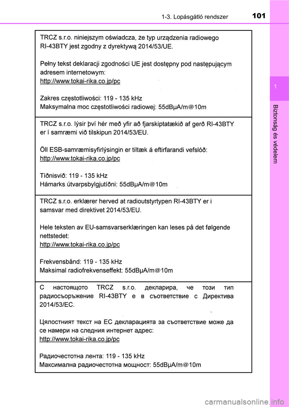 TOYOTA YARIS HATCHBACK 2019  Kezelési útmutató (in Hungarian) 1011-3. Lopásgátló rendszer
1
Biztonság és védelem 